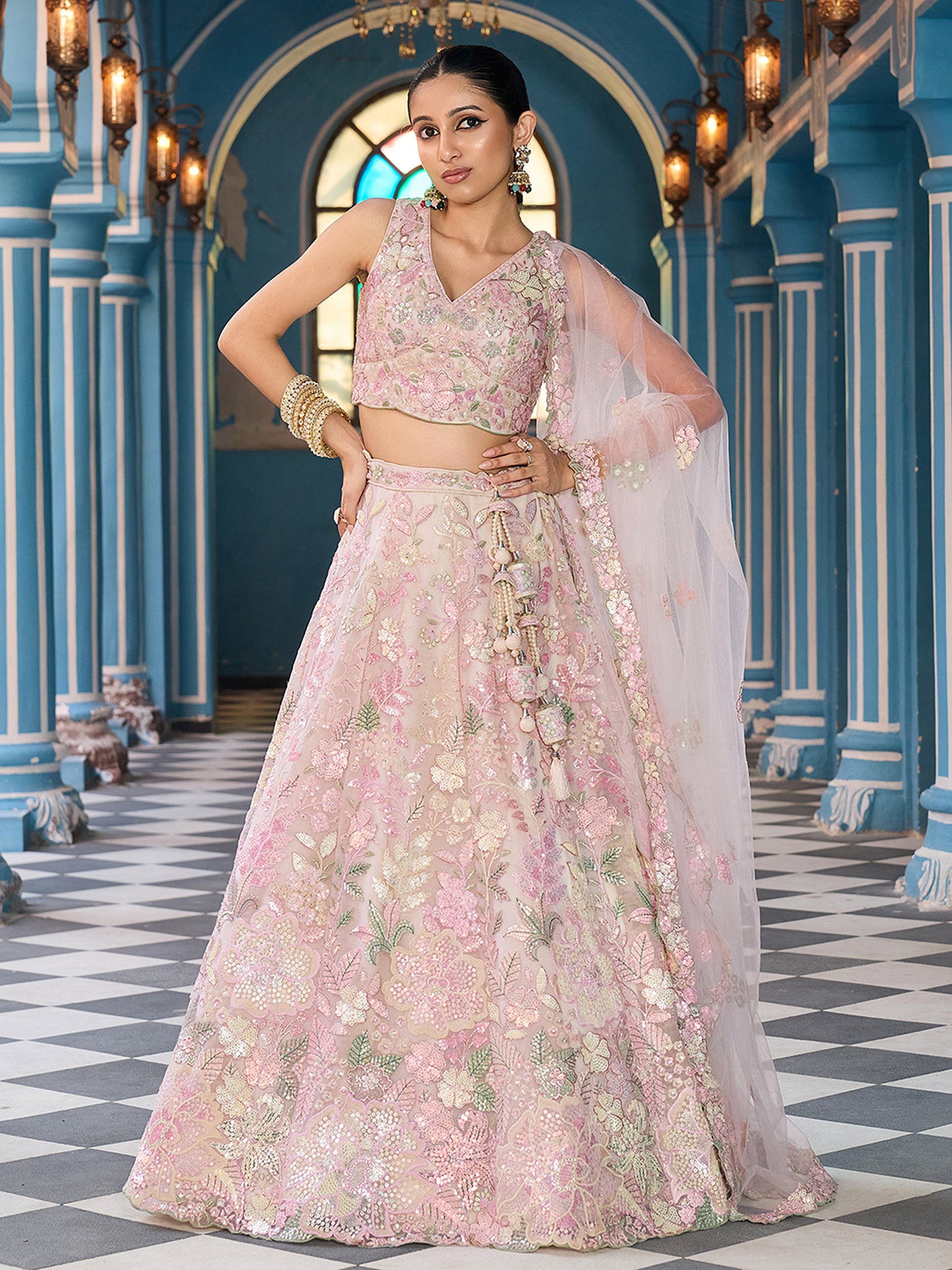 Cream Net Sequins embroidery Lehenga Choli for Sangeet