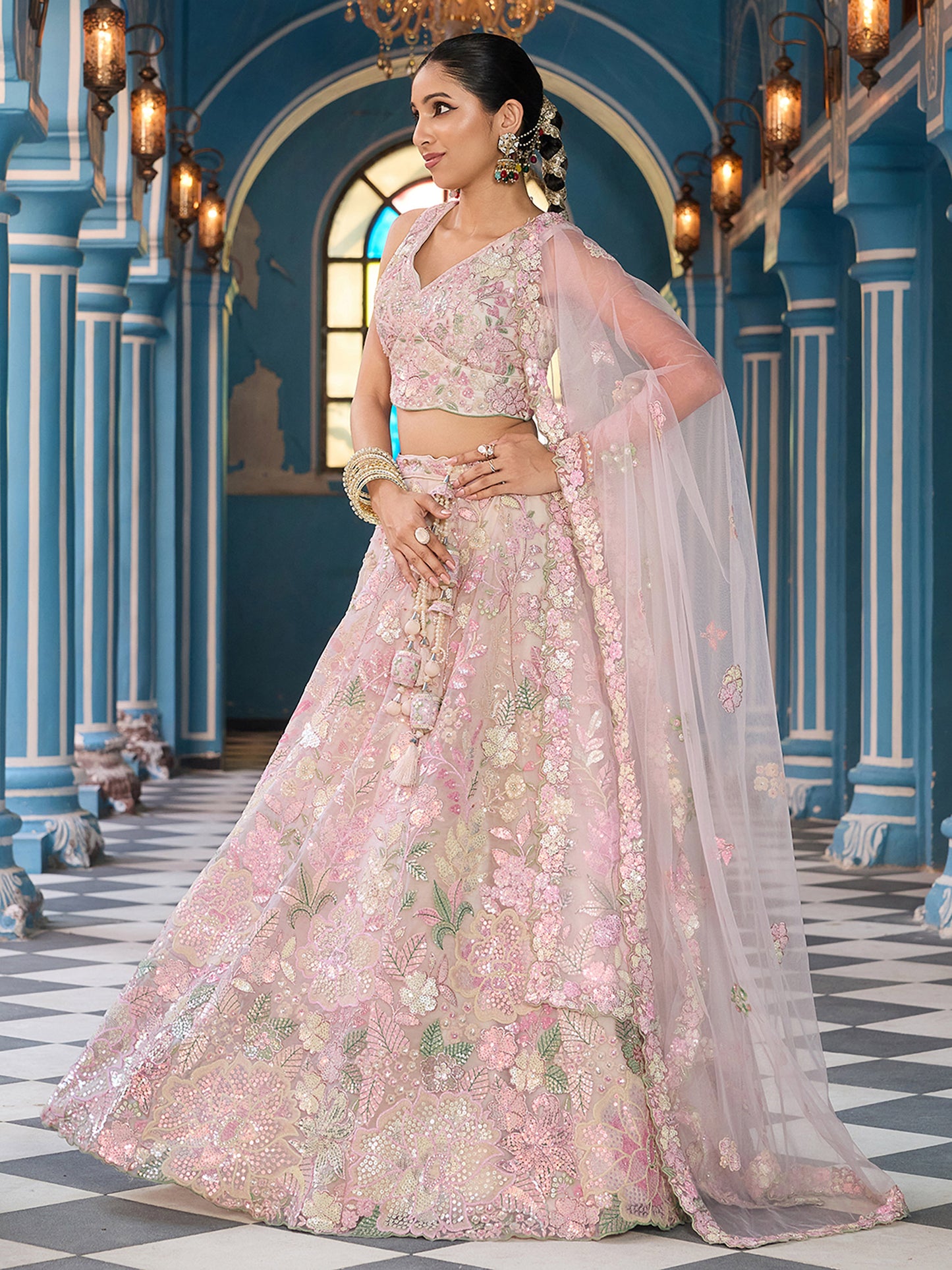 Cream Net Sequins embroidery Lehenga Choli for Sangeet