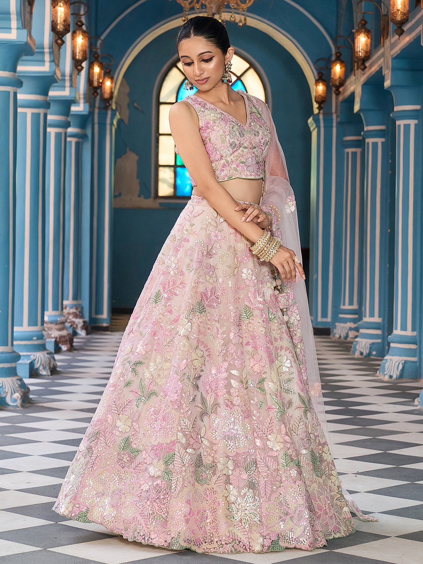 Cream Net Sequins embroidery Lehenga Choli for Sangeet