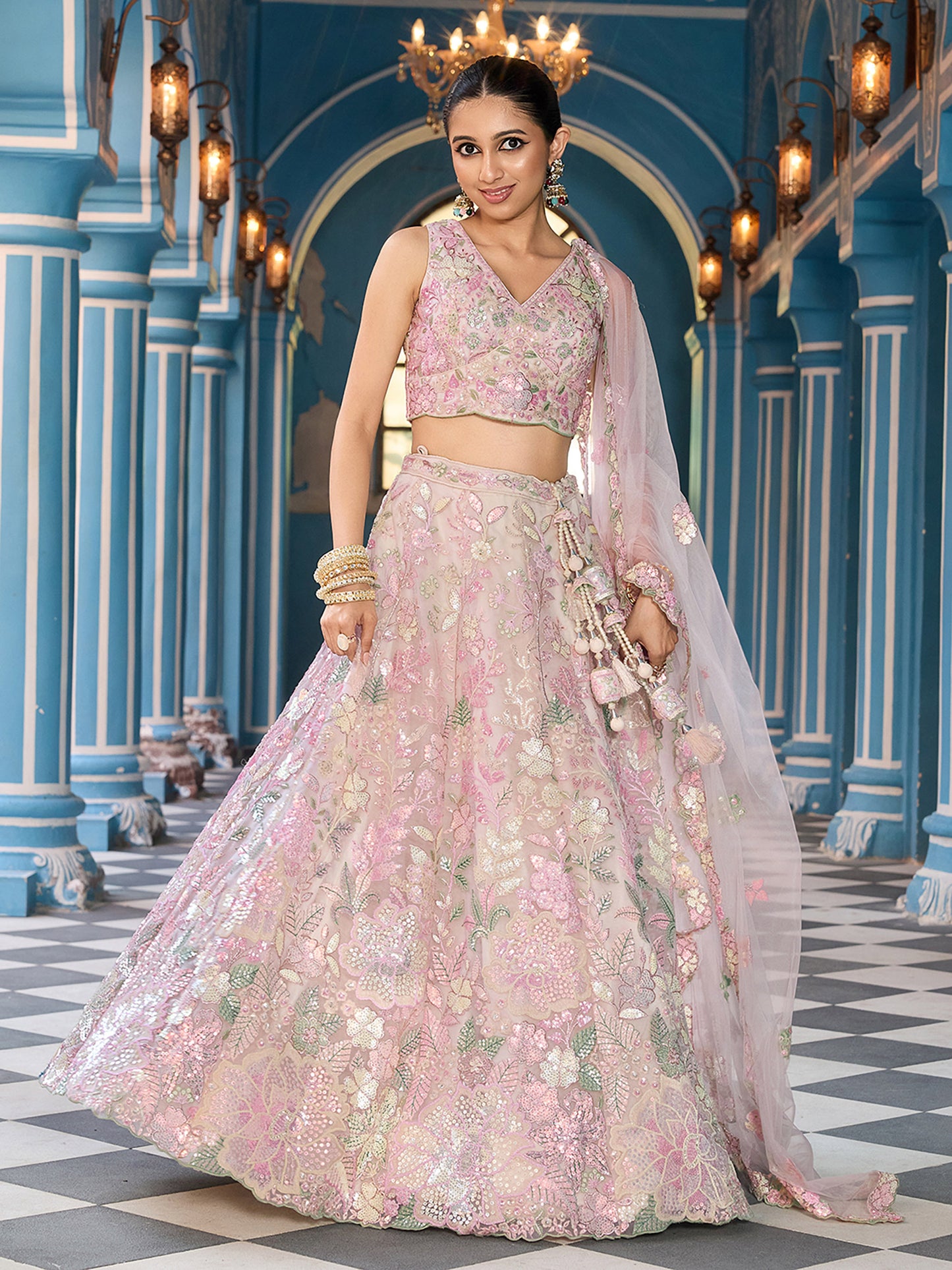 Cream Net Sequins embroidery Lehenga Choli for Sangeet