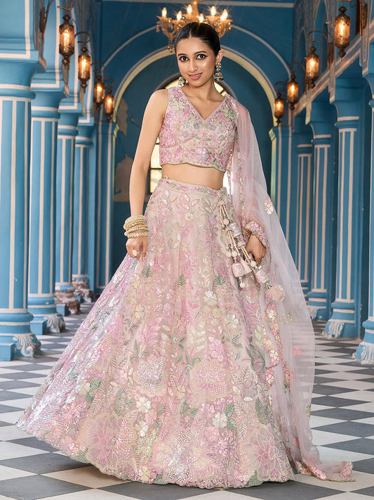 Cream Net Sequins embroidery Lehenga Choli for Sangeet