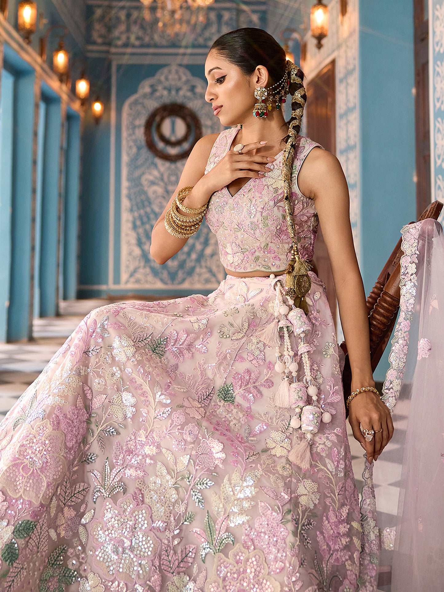 Cream Net Sequins embroidery Lehenga Choli for Sangeet