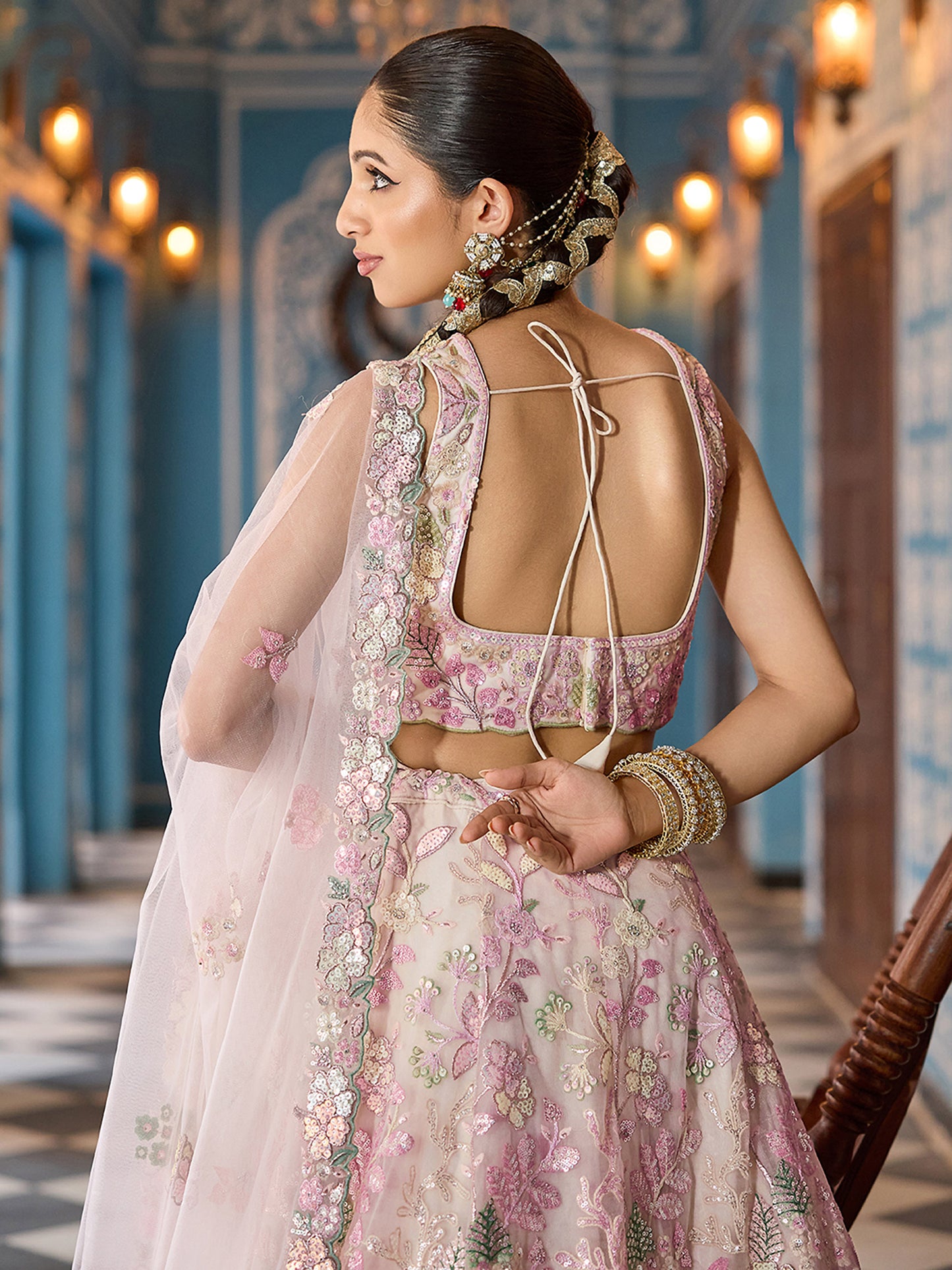 Cream Net Sequins embroidery Lehenga Choli for Sangeet