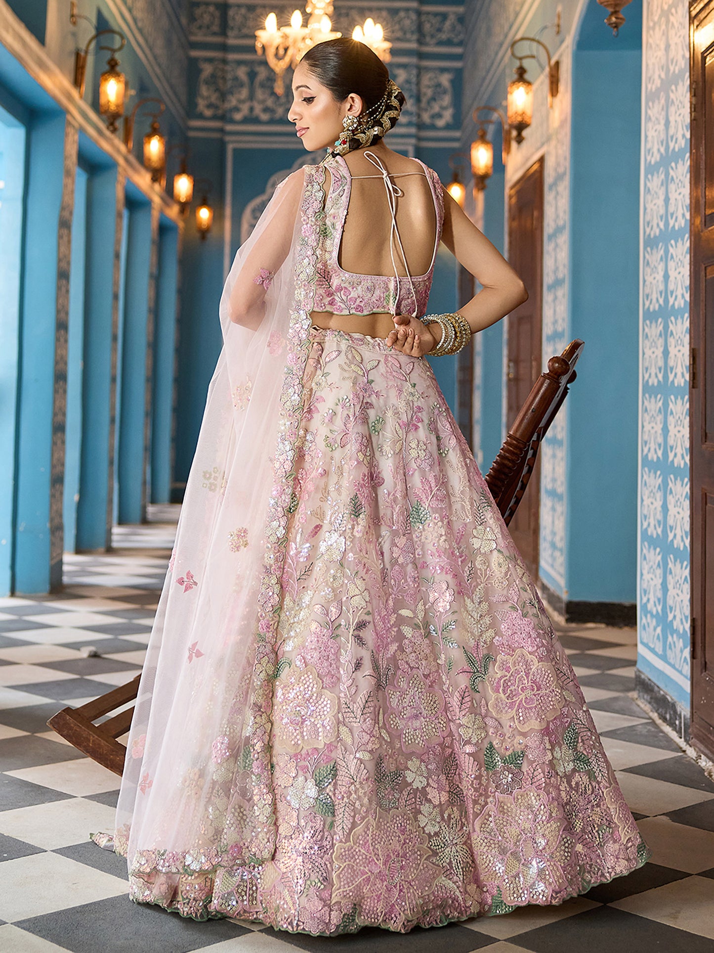 Cream Net Sequins embroidery Lehenga Choli for Sangeet