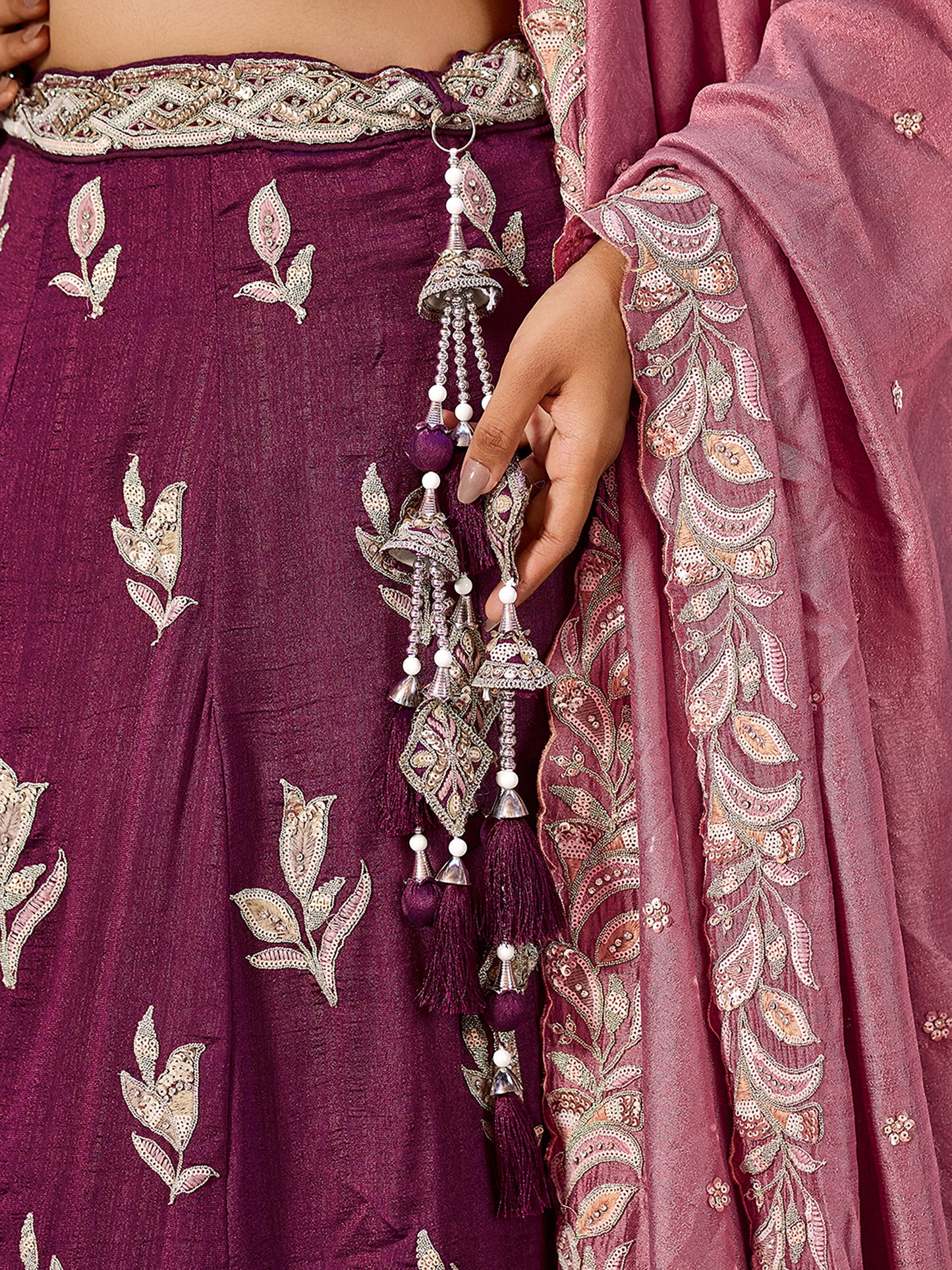 Burgundy Silk Sequins Embroidery Lehenga Choli for Wedding Guest