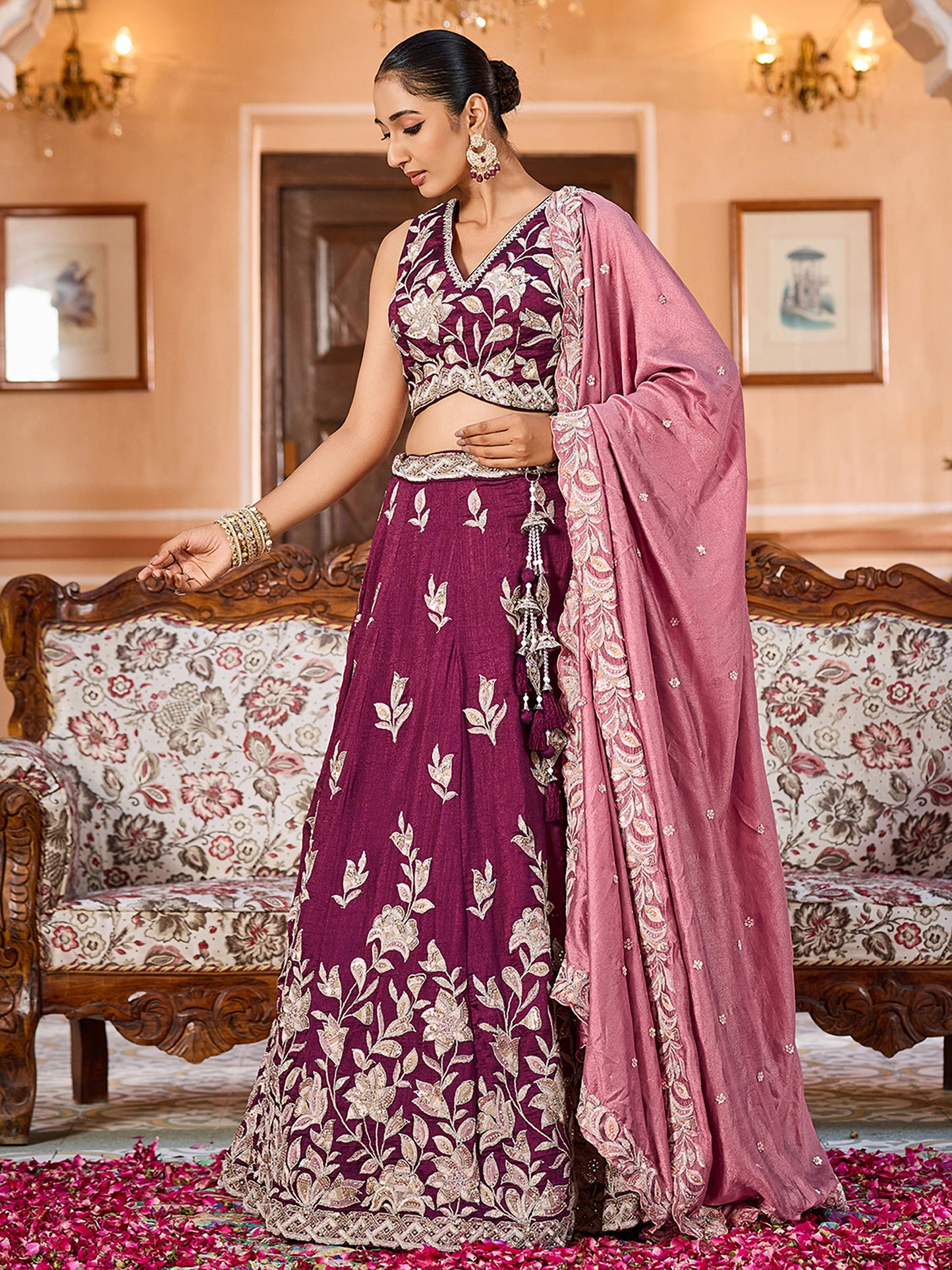 Burgundy Silk Sequins Embroidery Lehenga Choli for Wedding Guest