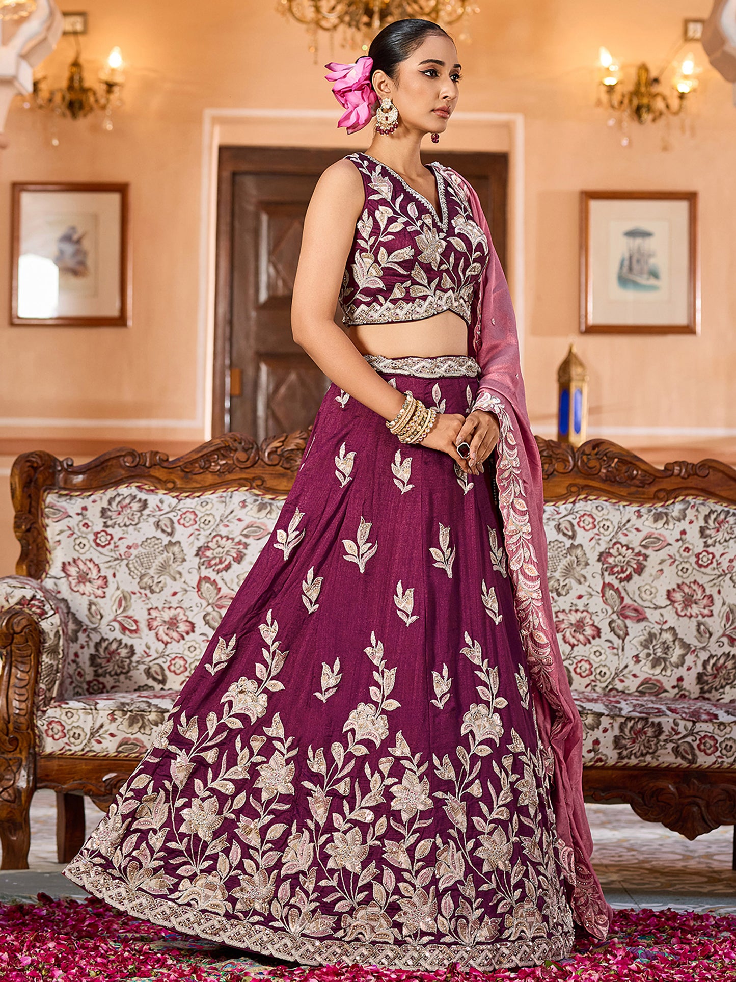 Burgundy Silk Sequins Embroidery Lehenga Choli for Wedding Guest