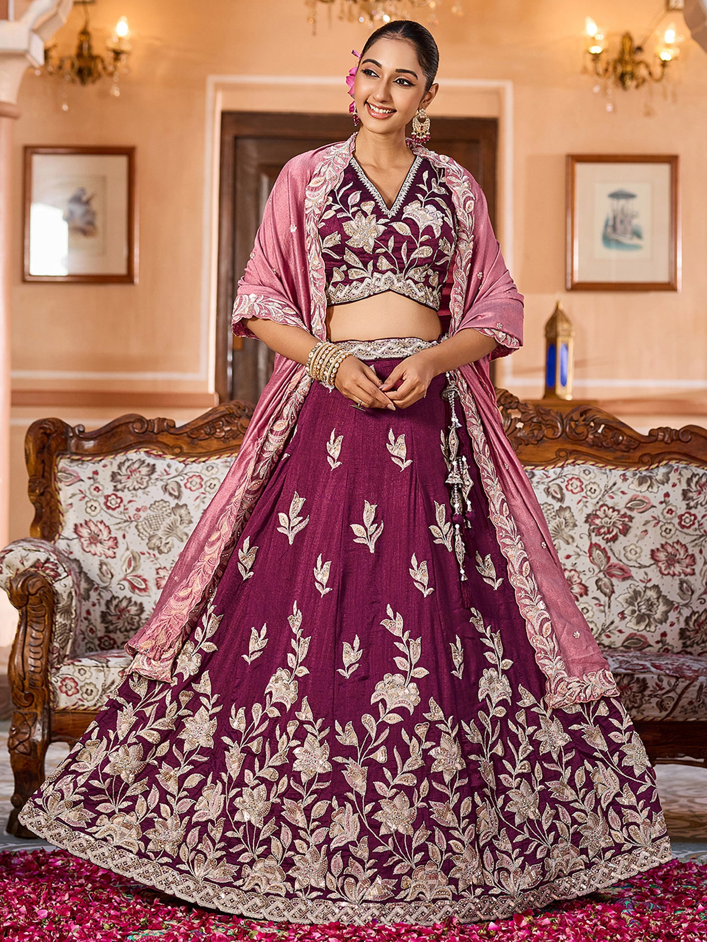 Burgundy Silk Sequins Embroidery Lehenga Choli for Wedding Guest