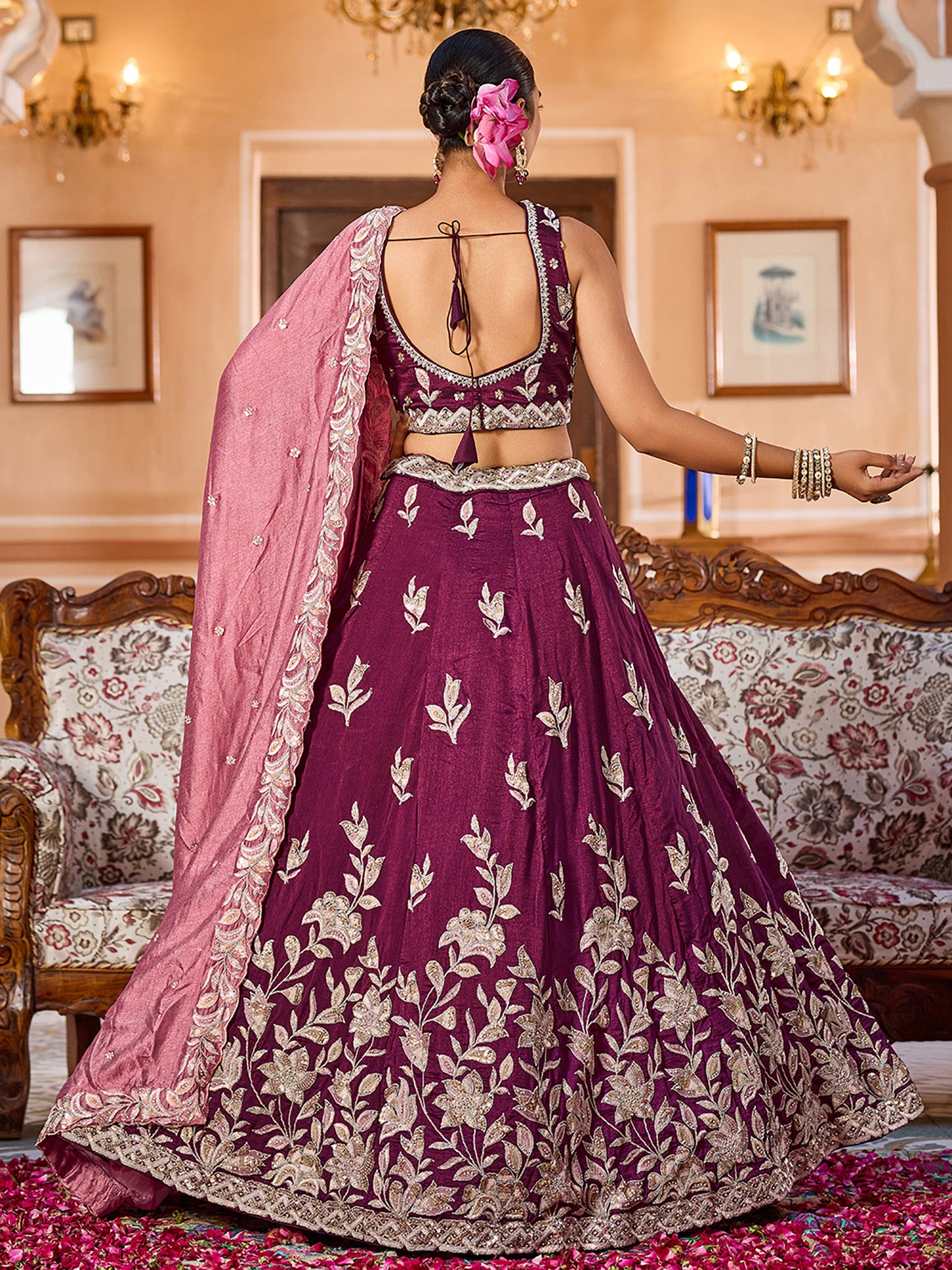 Burgundy Silk Sequins Embroidery Lehenga Choli for Wedding Guest