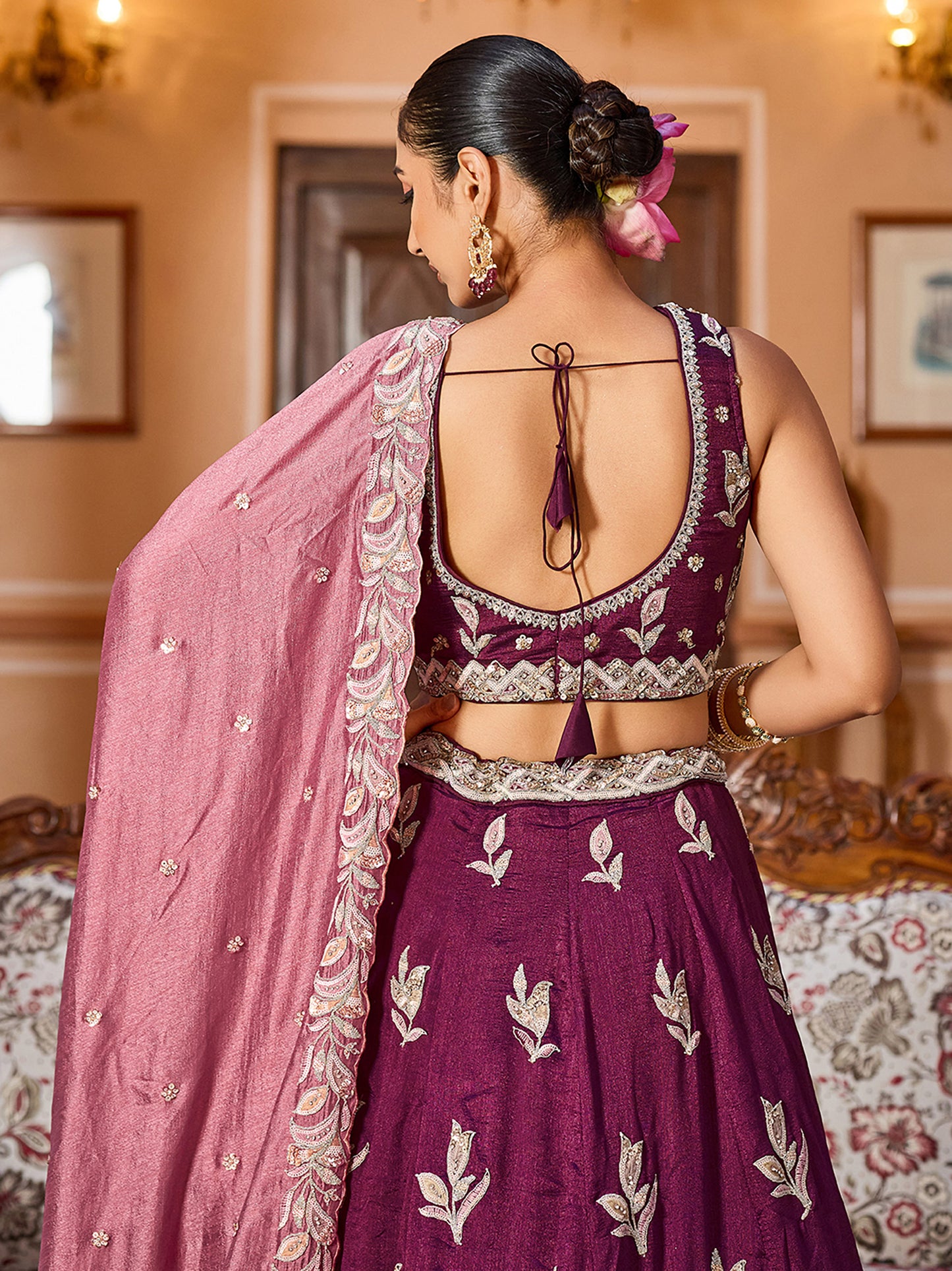 Burgundy Silk Sequins Embroidery Lehenga Choli for Wedding Guest