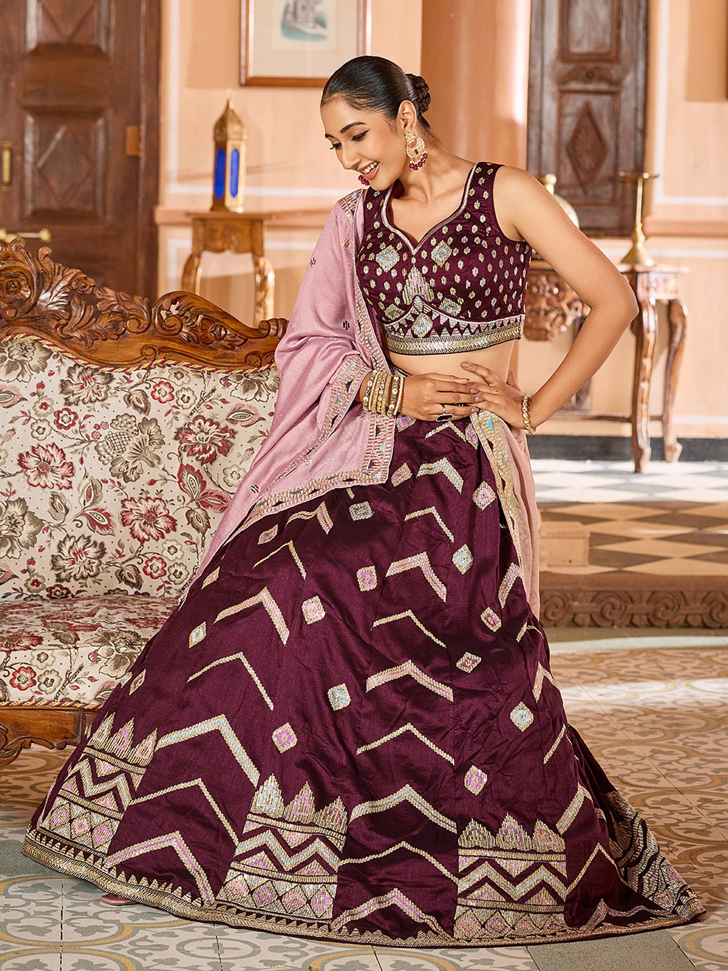 Brown Silk Sequins Embroidery Lehenga Choli