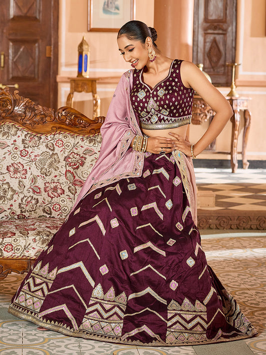 Brown Silk Sequins Embroidery Lehenga Choli