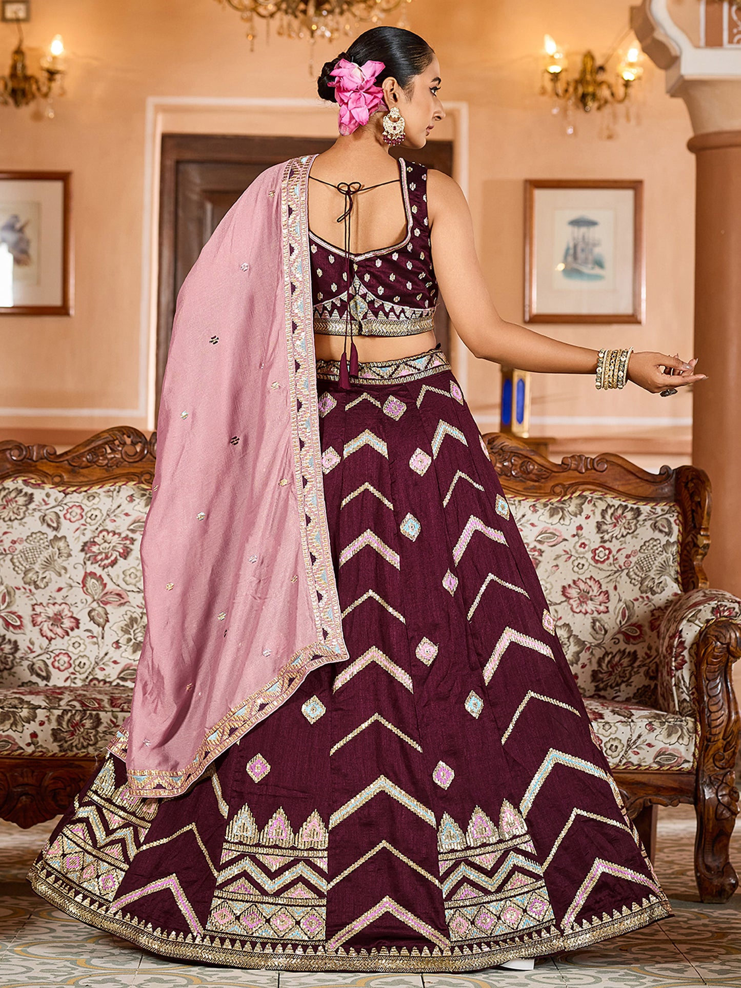 Brown Silk Sequins Embroidery Lehenga Choli