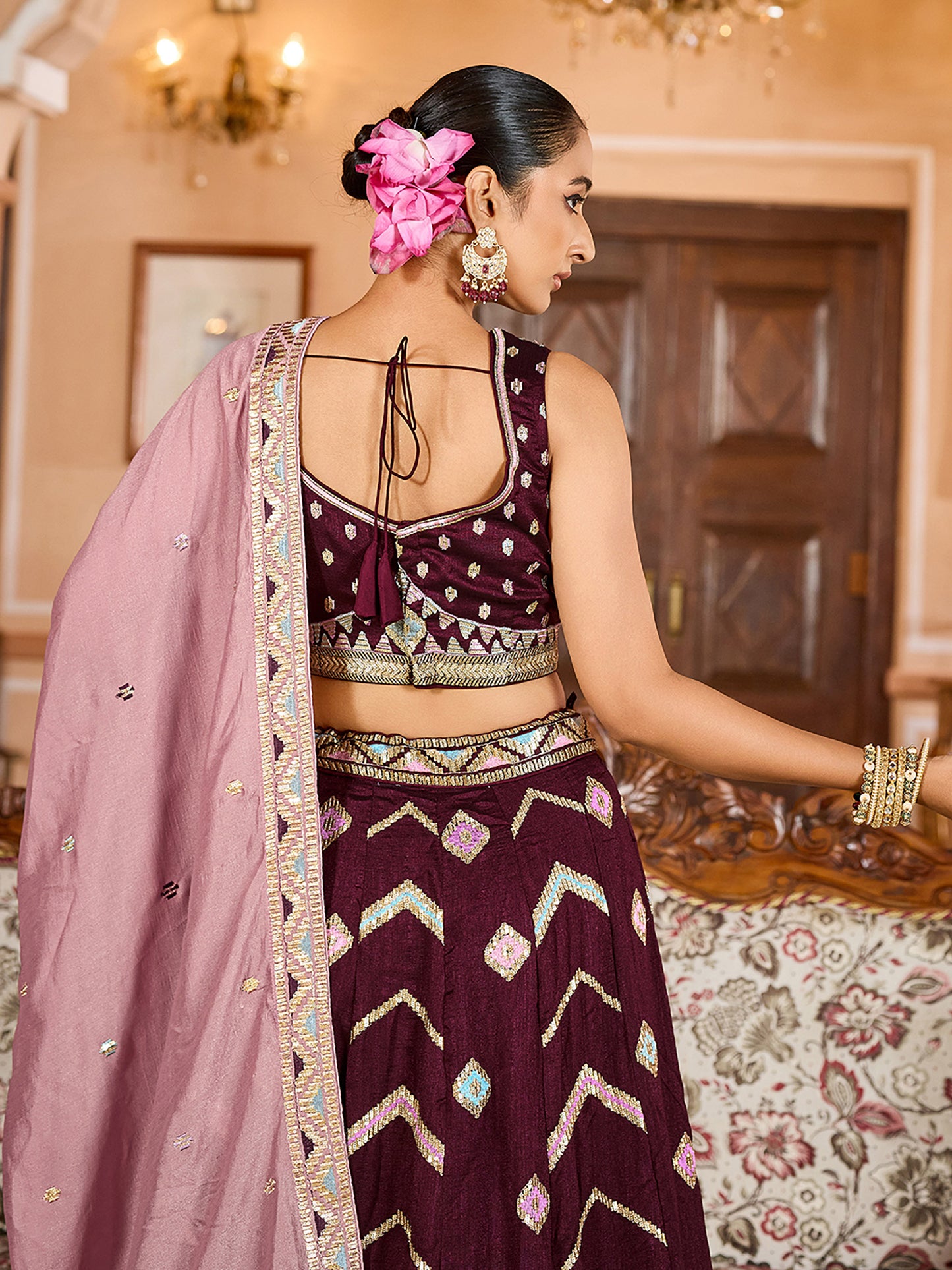 Brown Silk Sequins Embroidery Lehenga Choli
