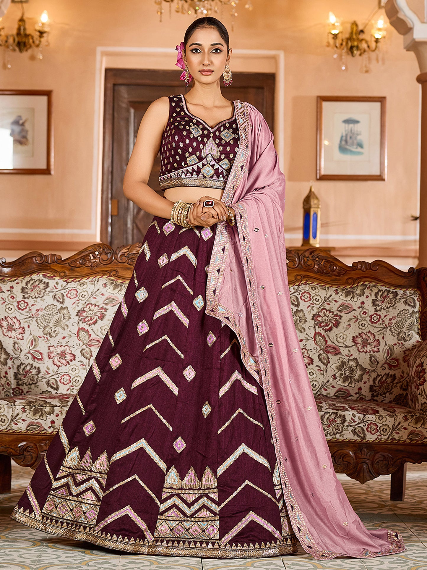 Brown Silk Sequins Embroidery Lehenga Choli