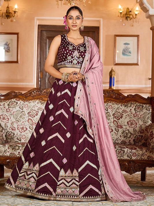 Brown Silk Sequins Embroidery Lehenga Choli