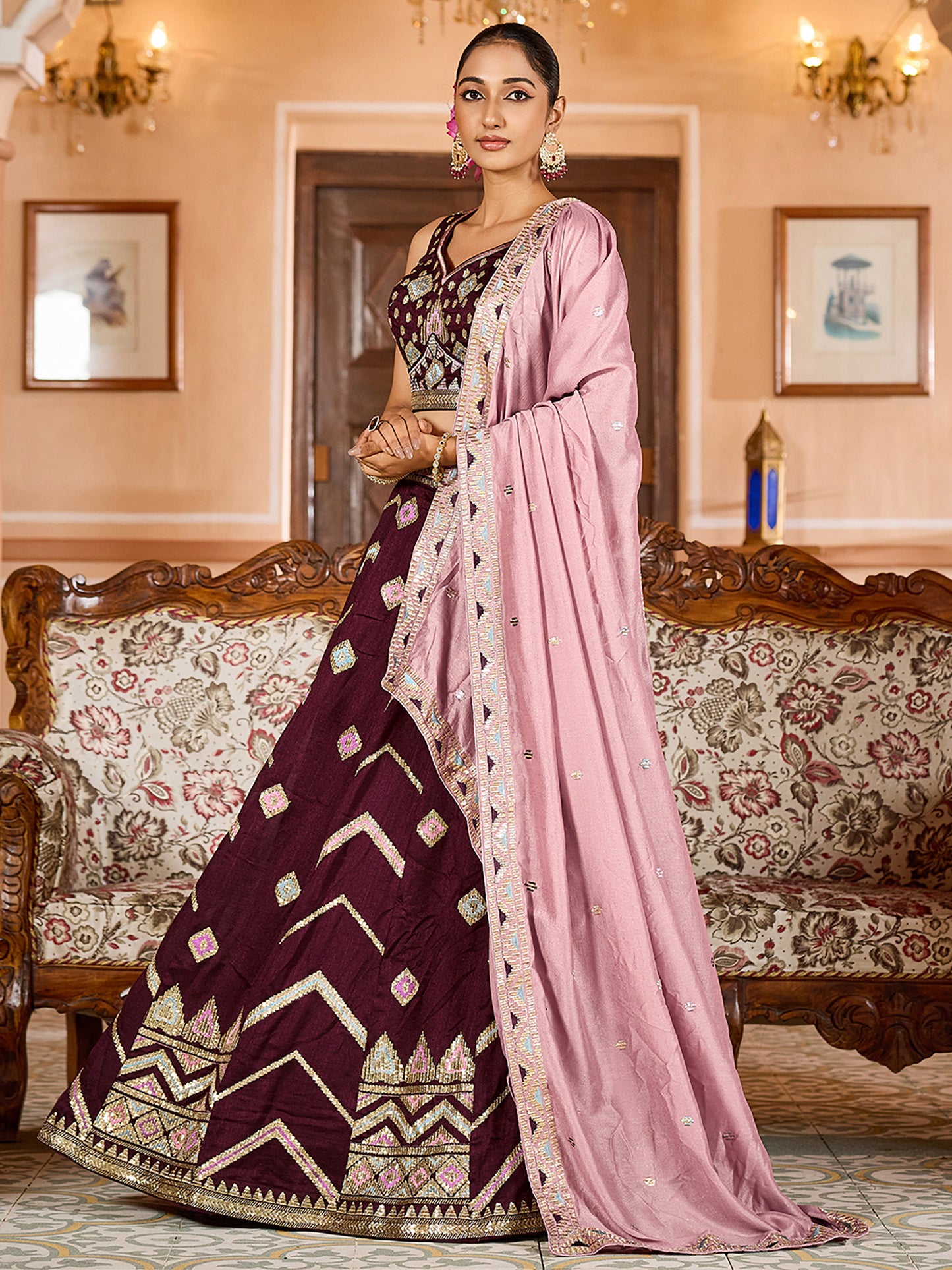 Brown Silk Sequins Embroidery Lehenga Choli