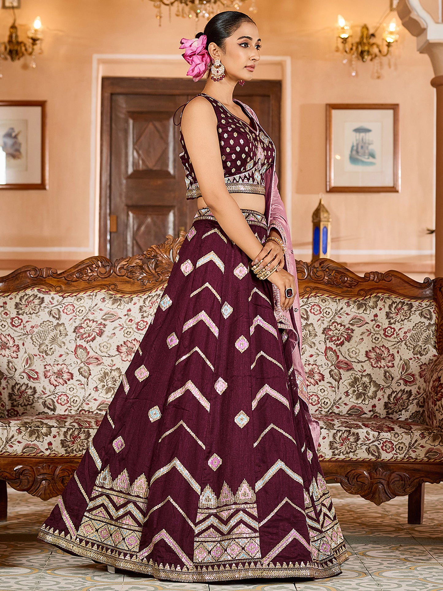 Brown Silk Sequins Embroidery Lehenga Choli