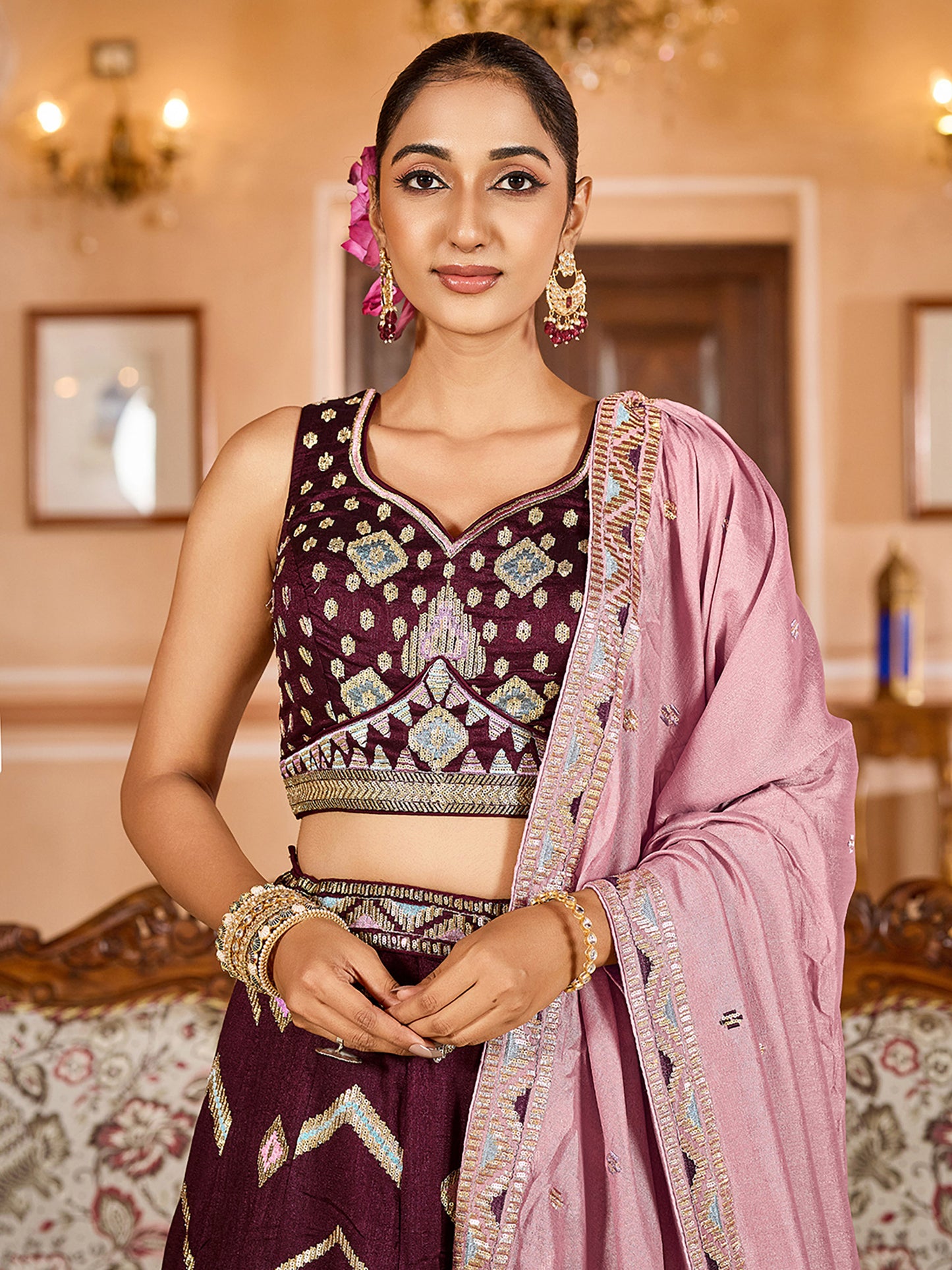 Brown Silk Sequins Embroidery Lehenga Choli