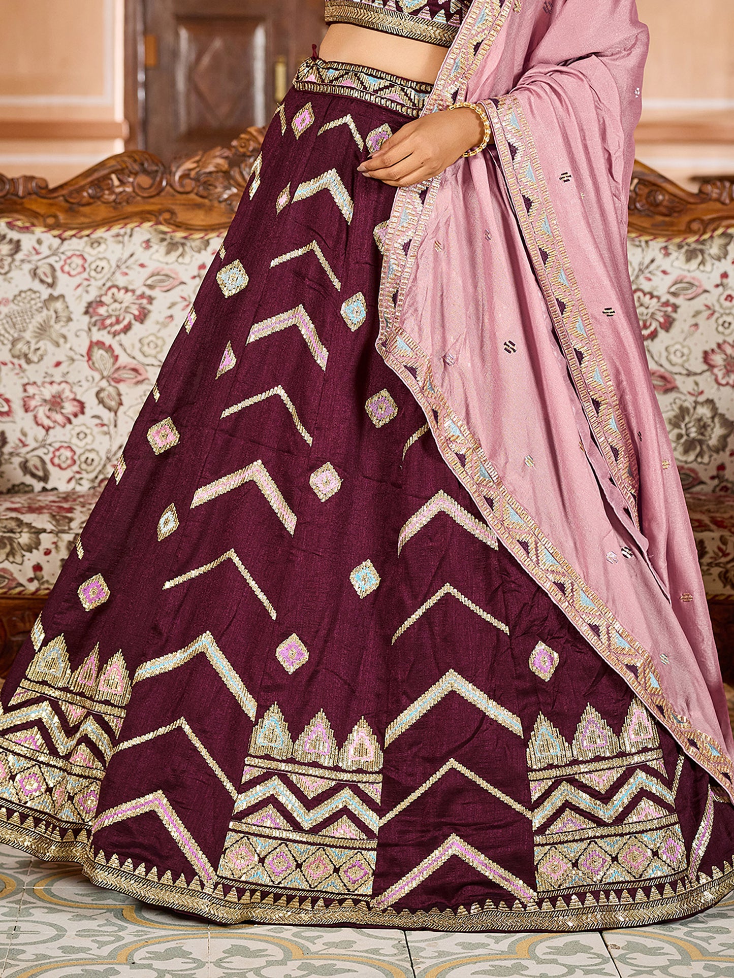 Brown Silk Sequins Embroidery Lehenga Choli