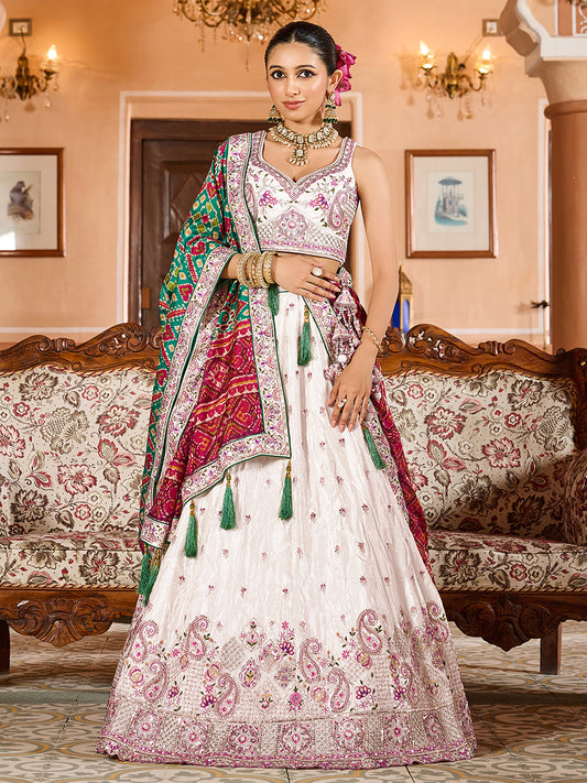 Cream Tissue Sequins Embroidery Lehenga Choli With Green Color Dupatta