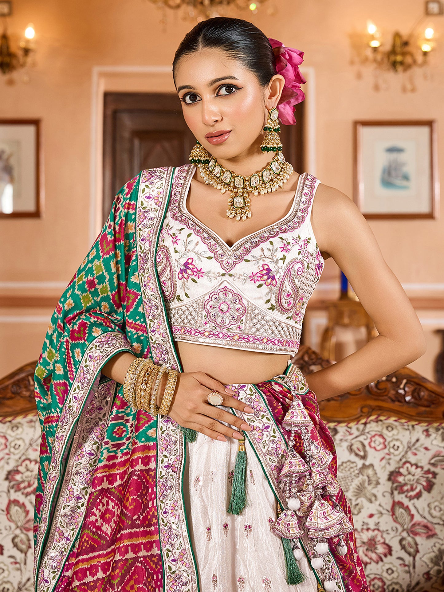 Cream Tissue Sequins Embroidery Lehenga Choli With Green Color Dupatta