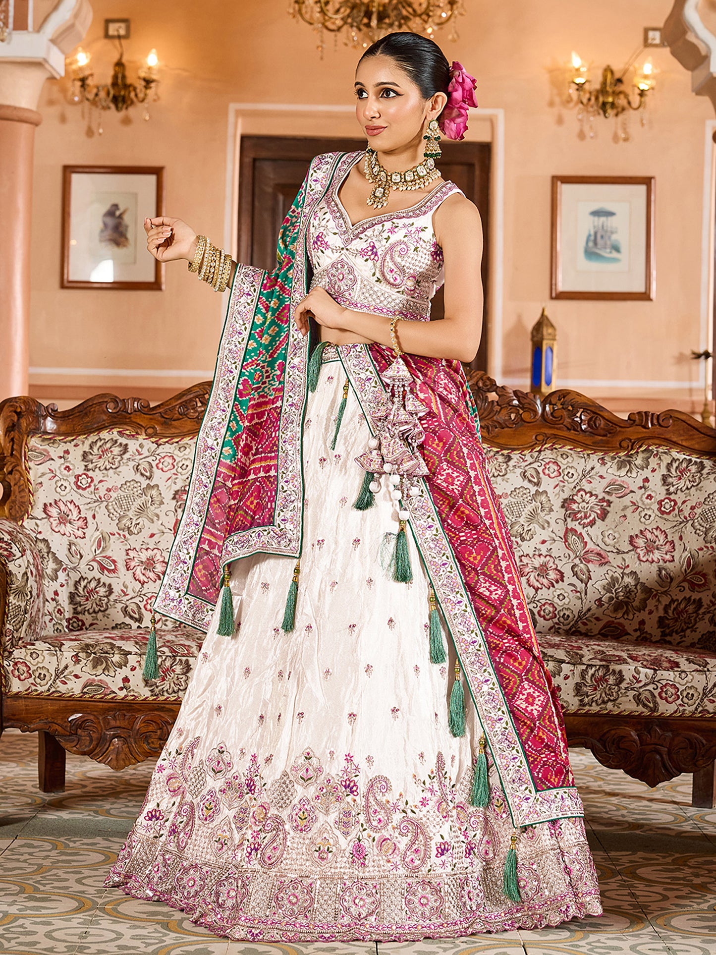 Cream Tissue Sequins Embroidery Lehenga Choli With Green Color Dupatta