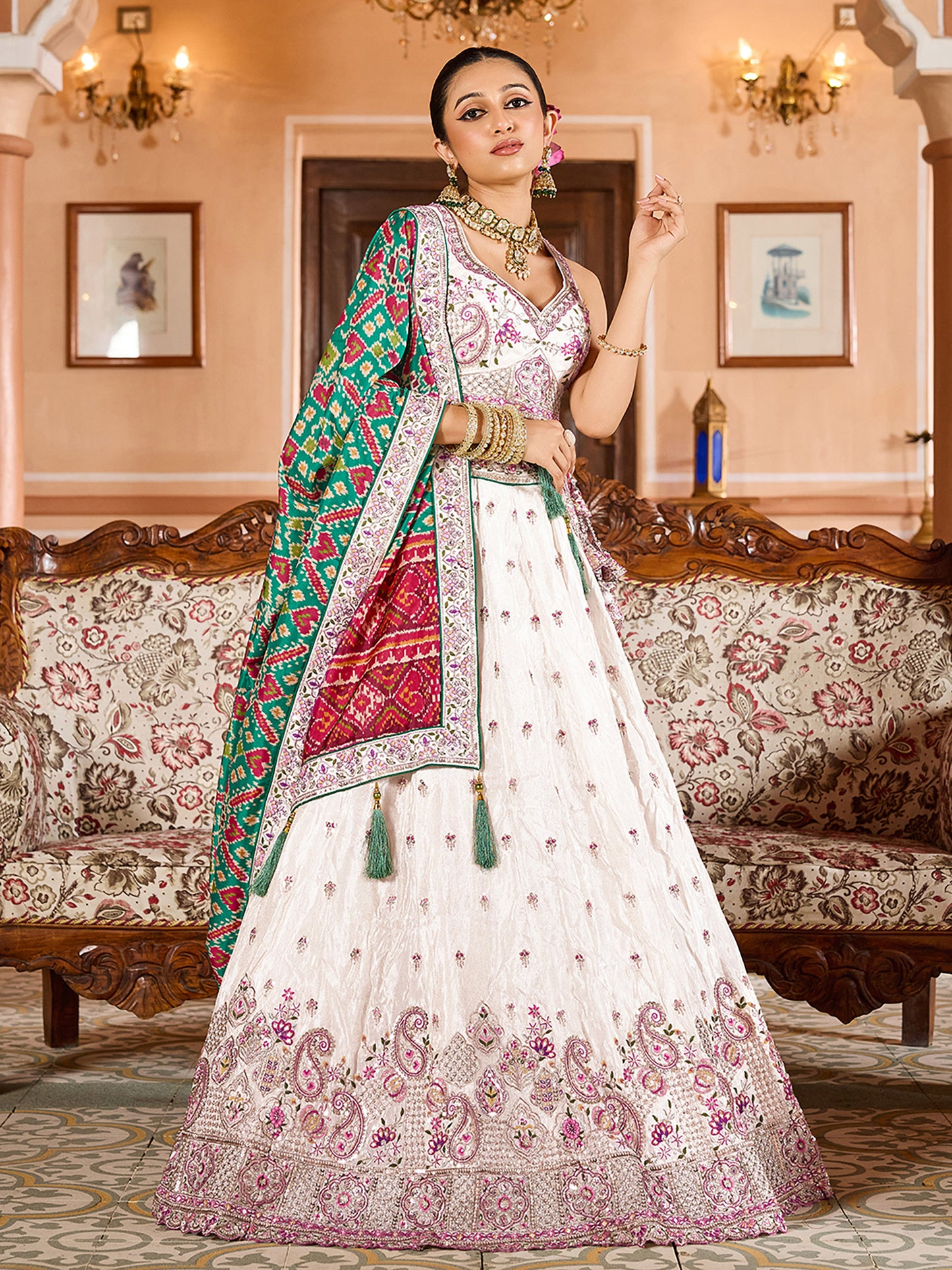 Cream Tissue Sequins Embroidery Lehenga Choli With Green Color Dupatta