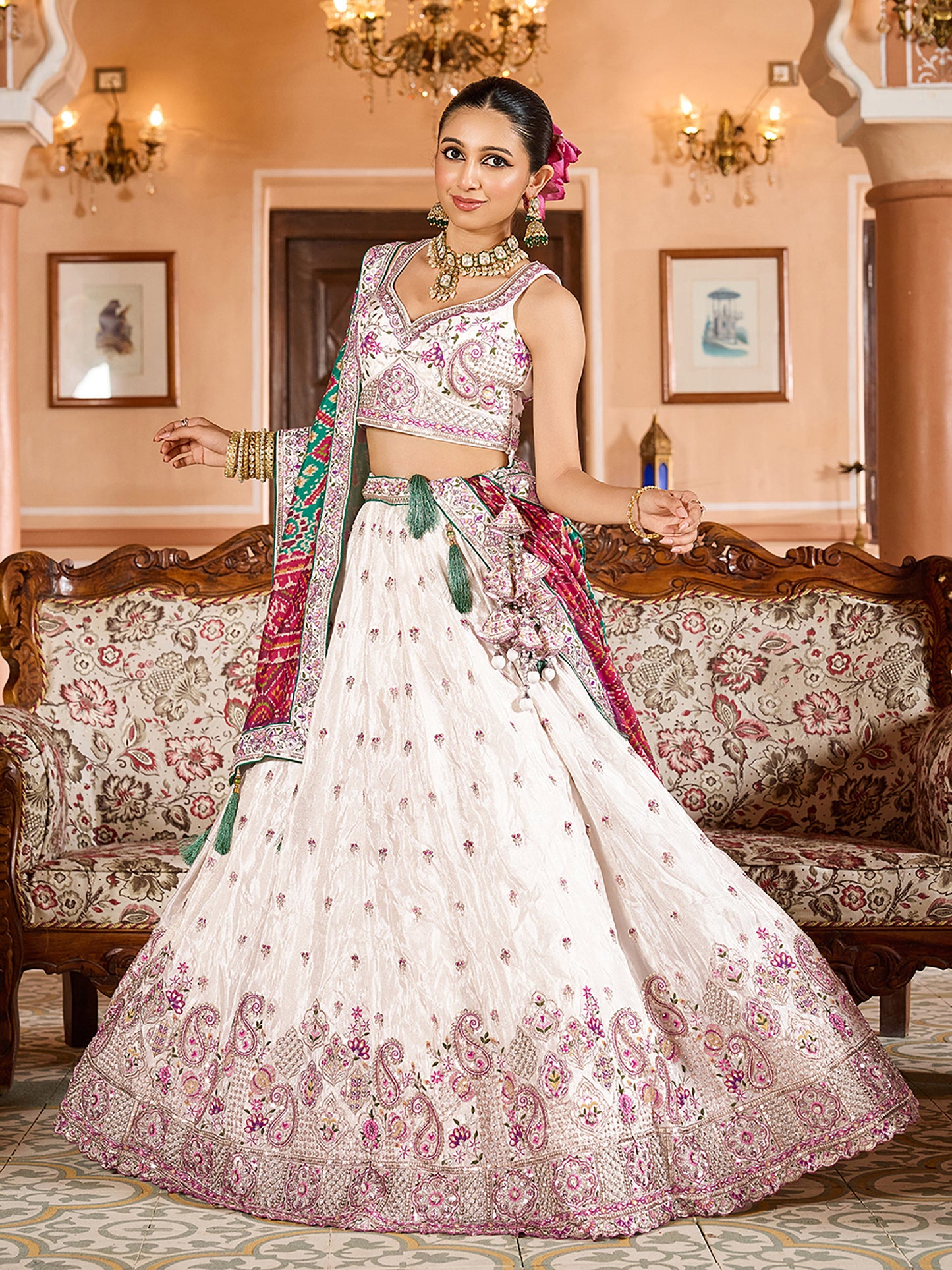 Cream Tissue Sequins Embroidery Lehenga Choli With Green Color Dupatta
