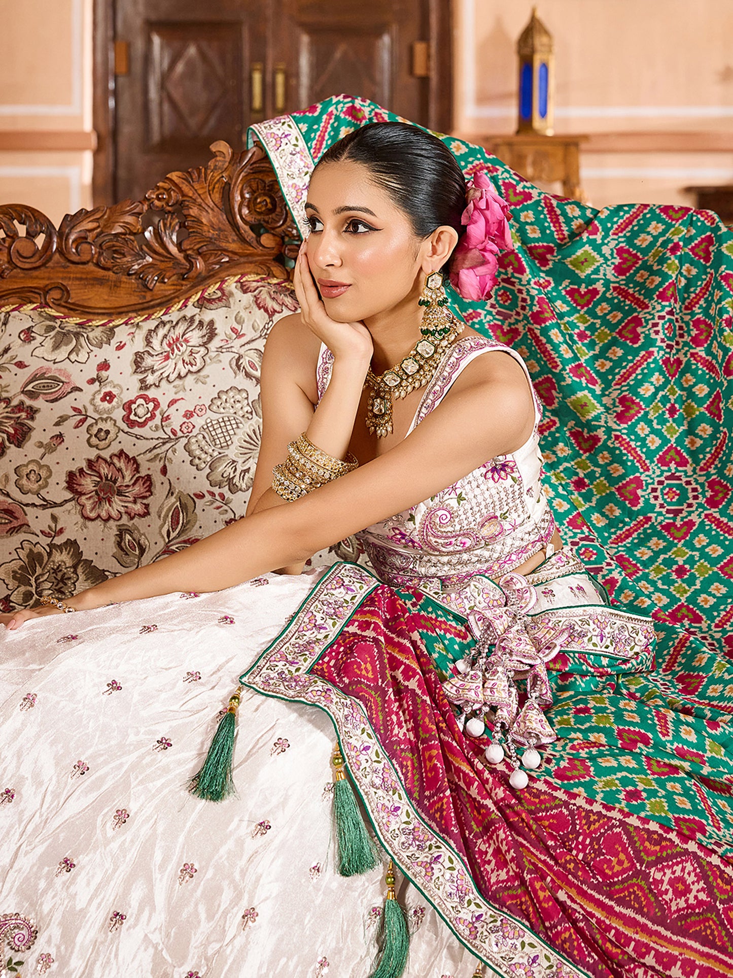 Cream Tissue Sequins Embroidery Lehenga Choli With Green Color Dupatta