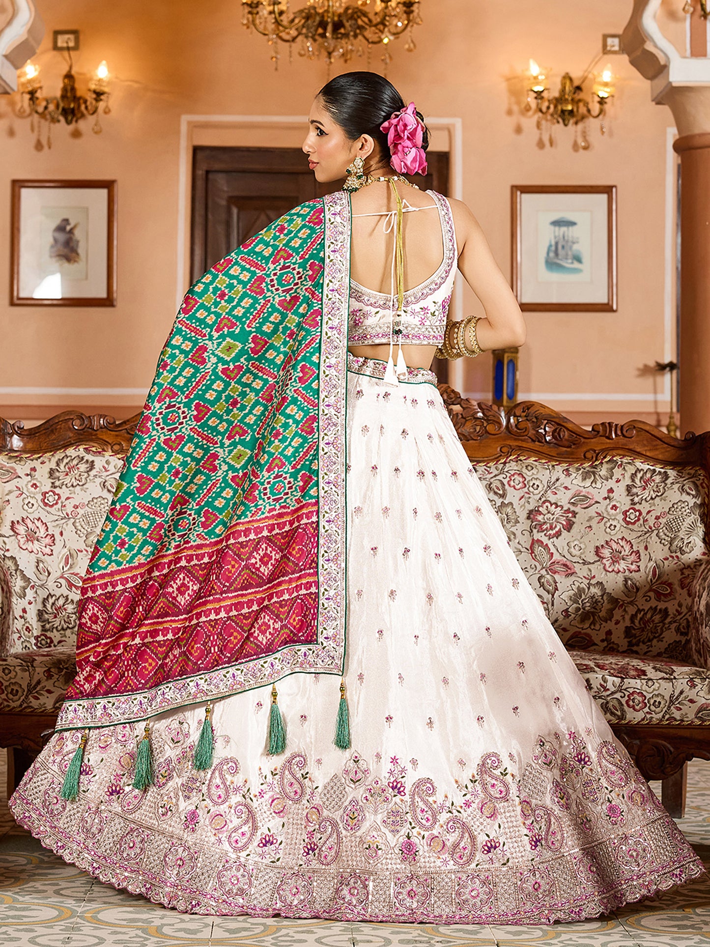 Cream Tissue Sequins Embroidery Lehenga Choli With Green Color Dupatta