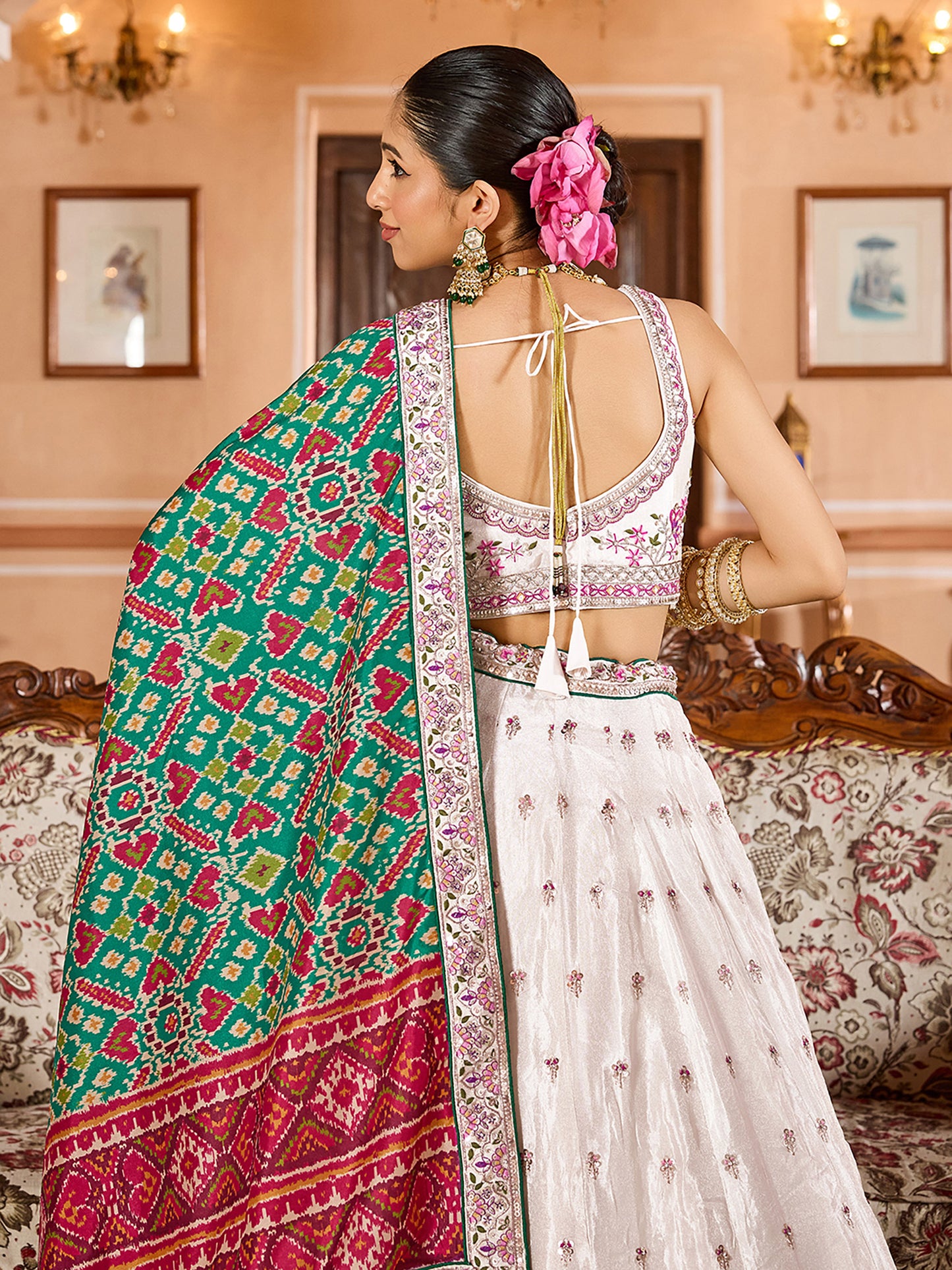 Cream Tissue Sequins Embroidery Lehenga Choli With Green Color Dupatta