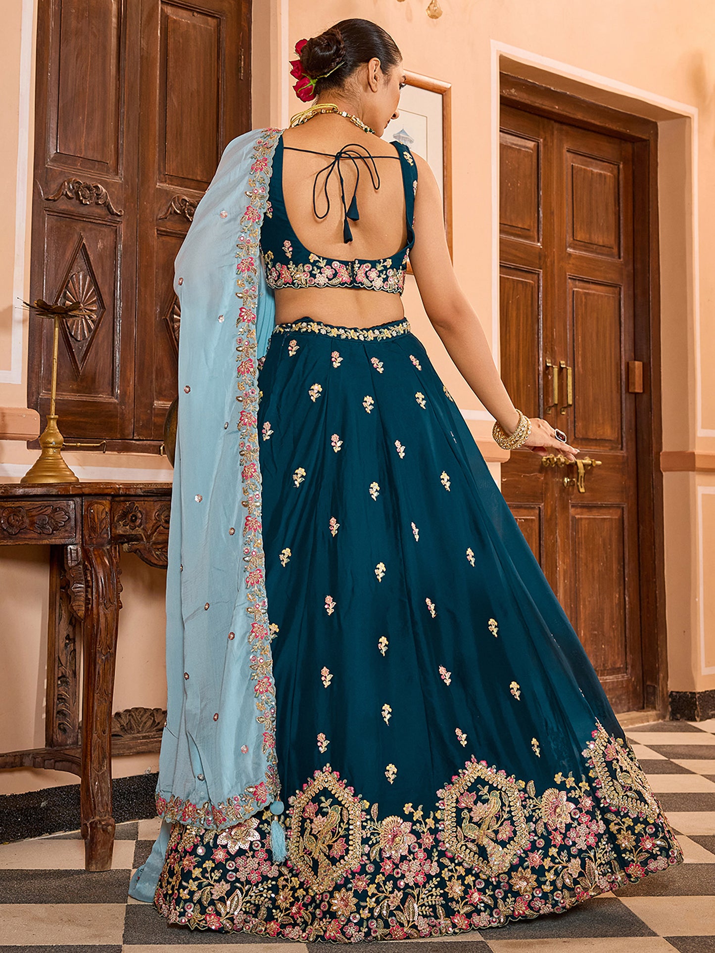 Teal Blue Tissue Sequins embroidery Bridesmaid Lehenga Choli