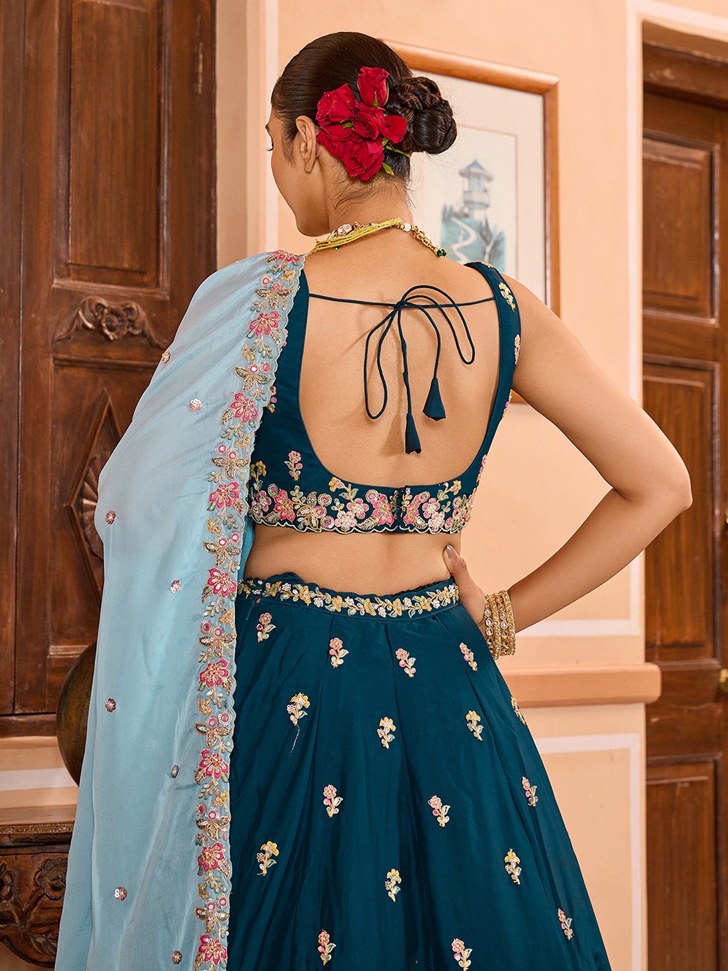 Teal Blue Tissue Sequins embroidery Bridesmaid Lehenga Choli