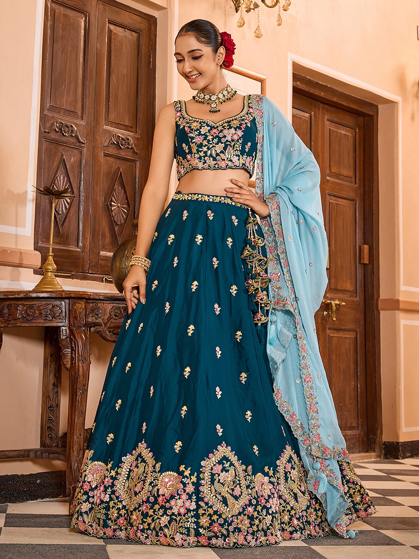 Teal Blue Tissue Sequins embroidery Bridesmaid Lehenga Choli