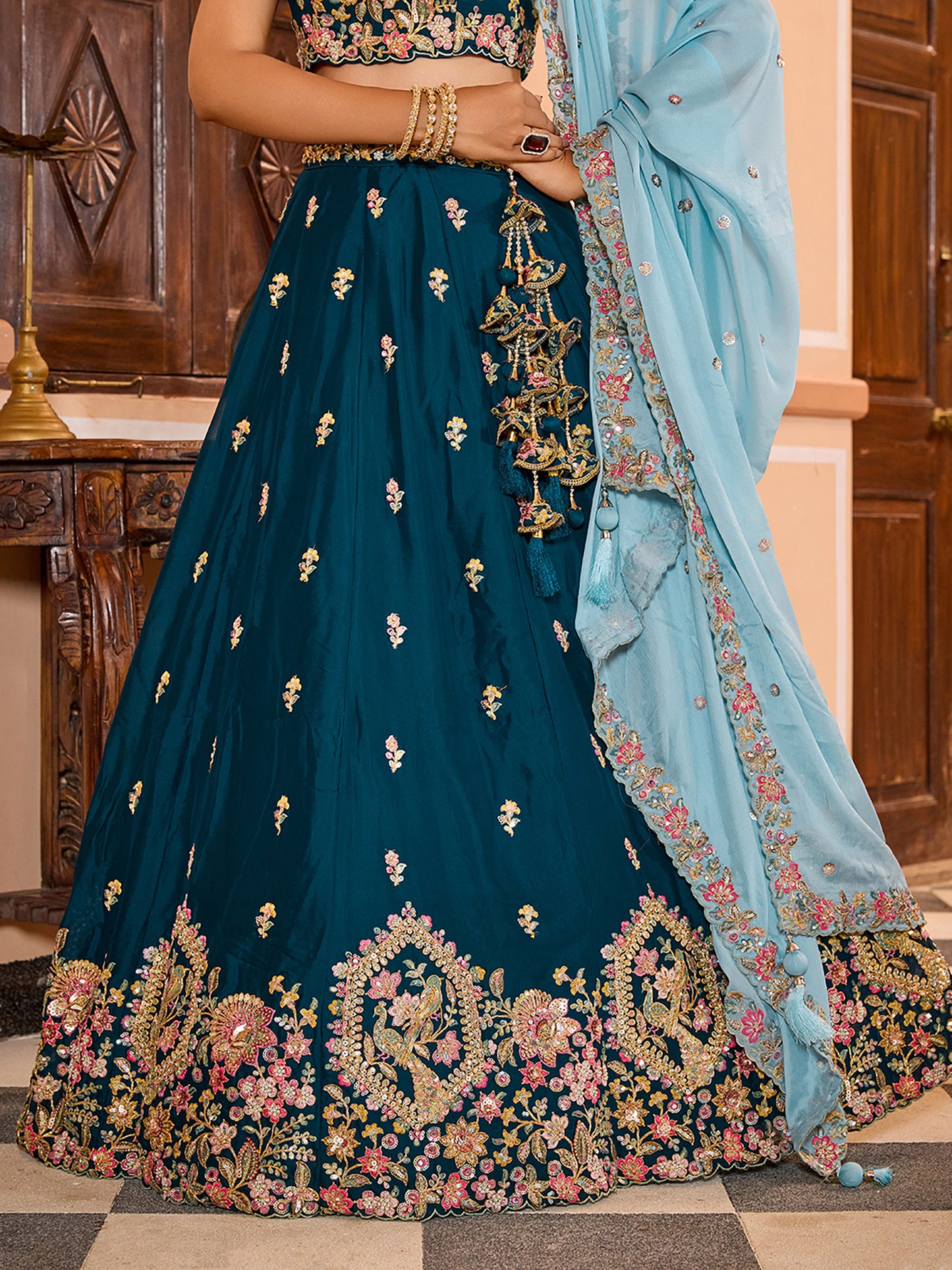 Teal Blue Tissue Sequins embroidery Bridesmaid Lehenga Choli