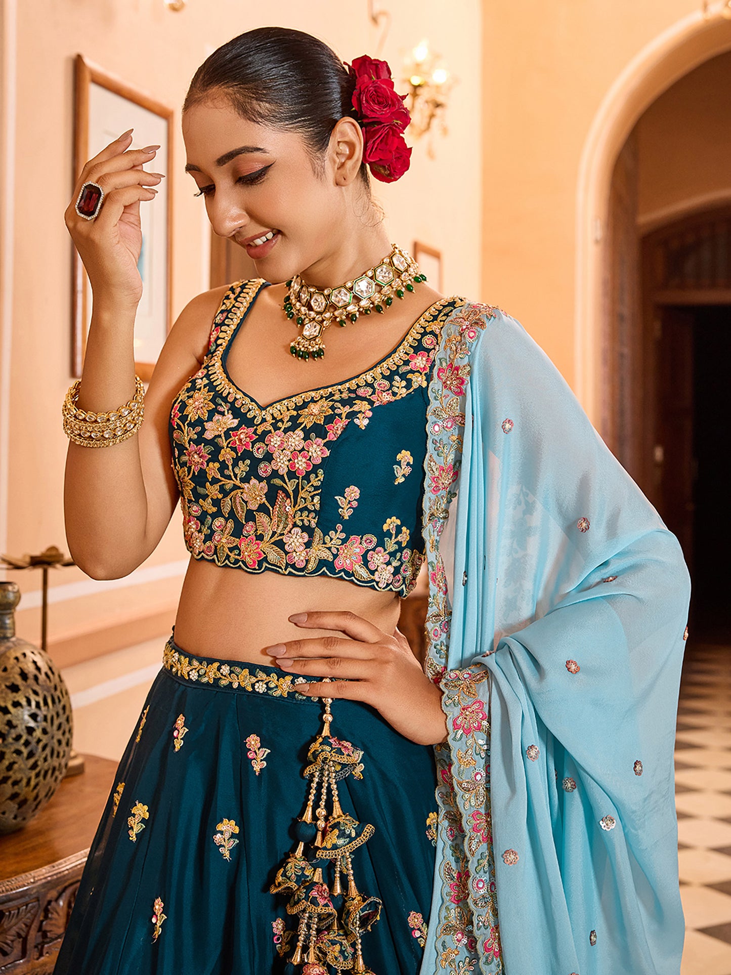 Teal Blue Tissue Sequins embroidery Bridesmaid Lehenga Choli