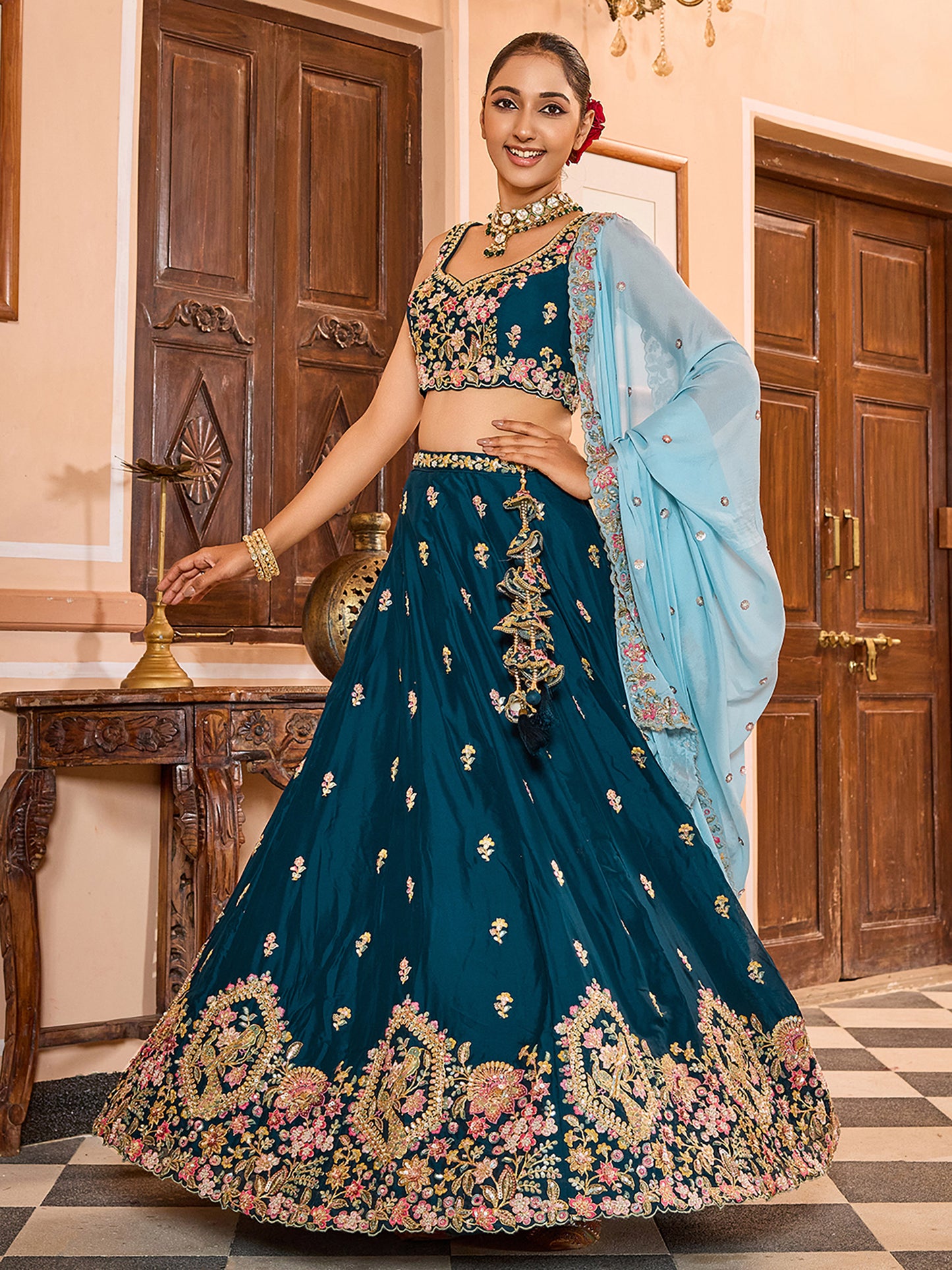 Teal Blue Tissue Sequins embroidery Bridesmaid Lehenga Choli