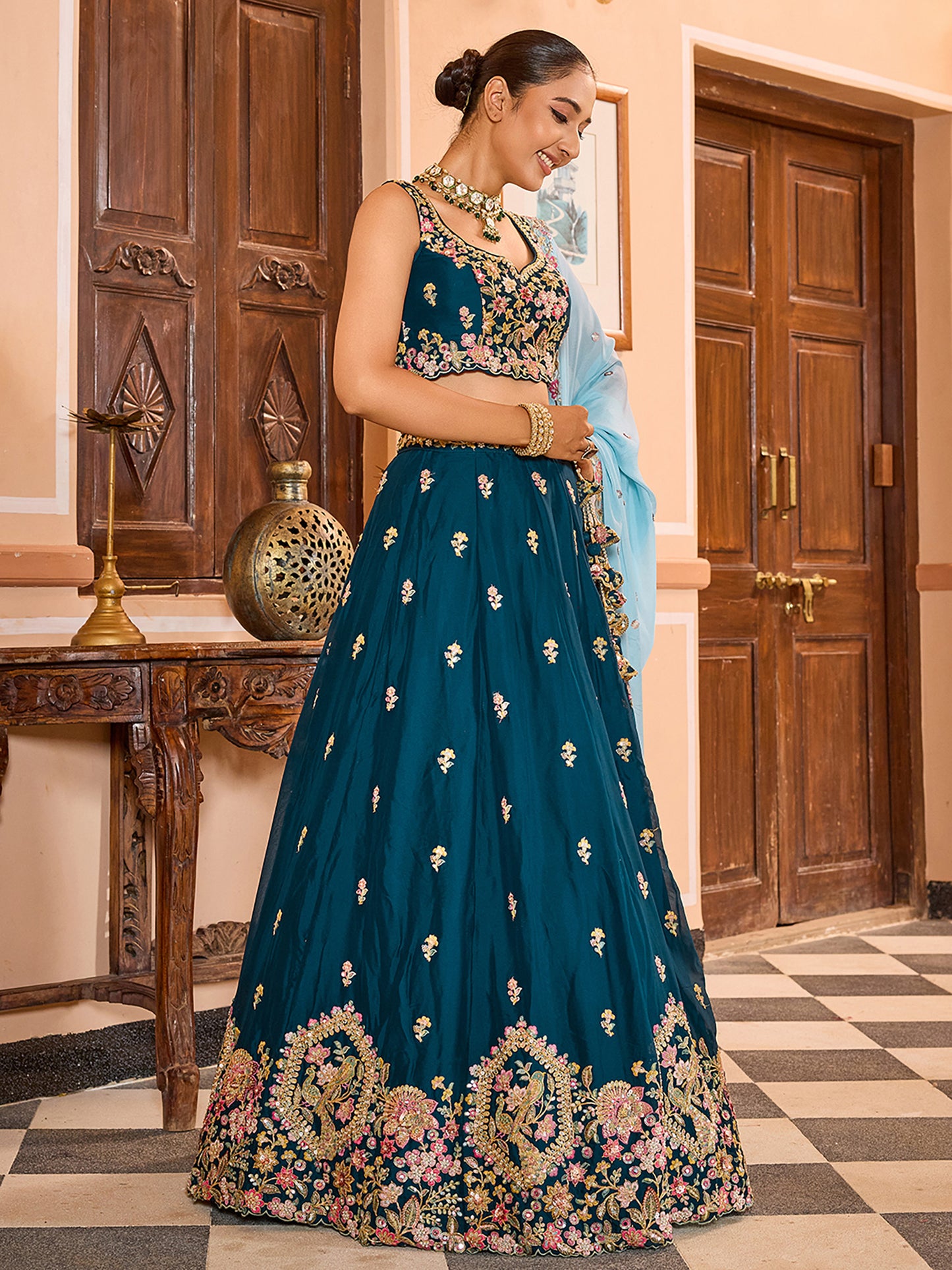 Teal Blue Tissue Sequins embroidery Bridesmaid Lehenga Choli