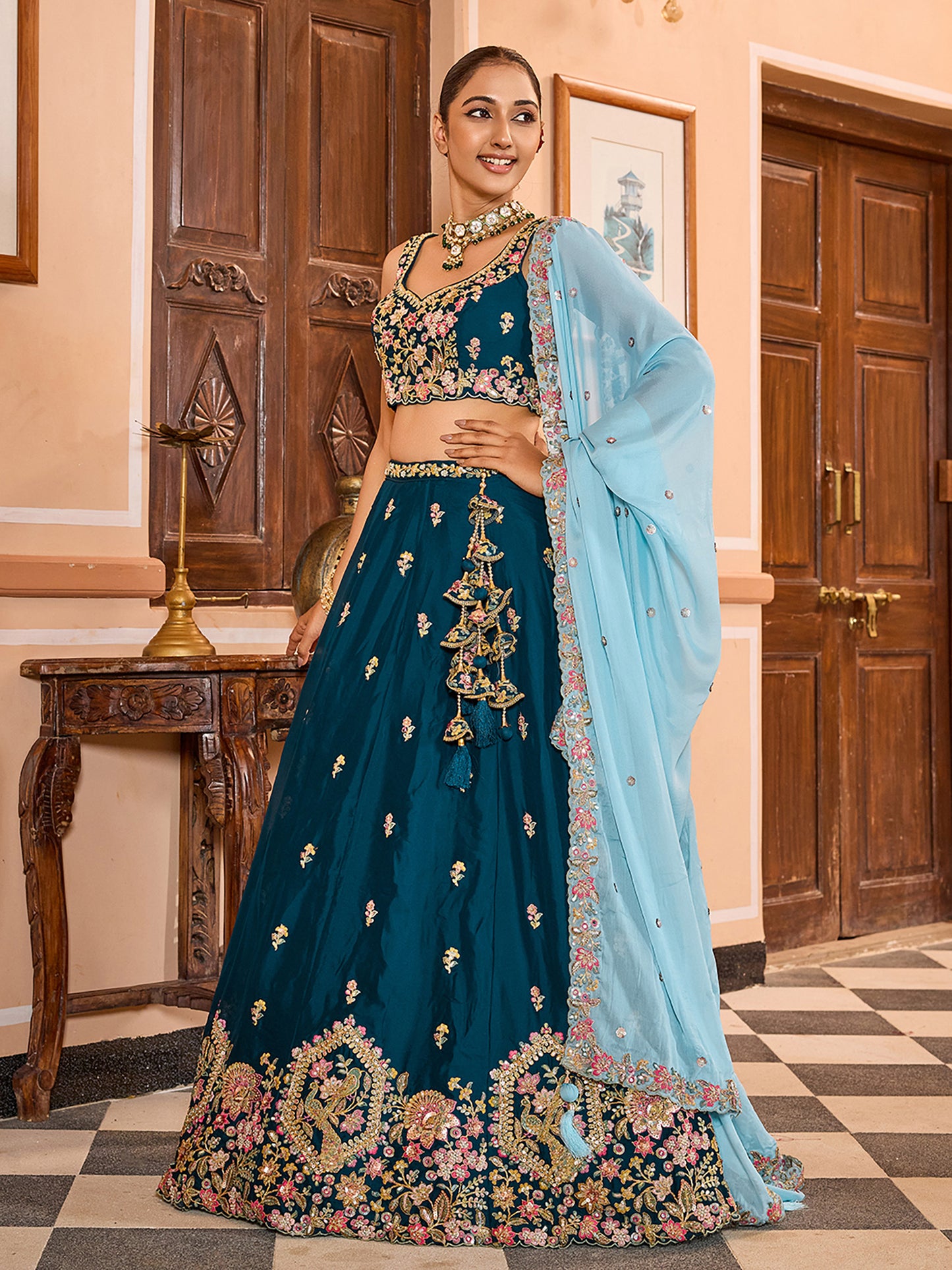 Teal Blue Tissue Sequins embroidery Bridesmaid Lehenga Choli