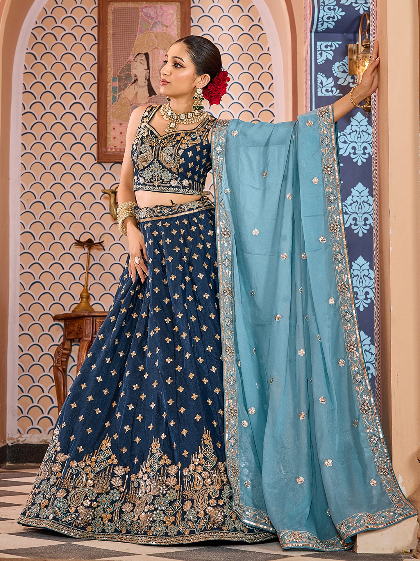 Navy Blue Silk Sequins Embroidery Lehenga Choli for Bridesmaid