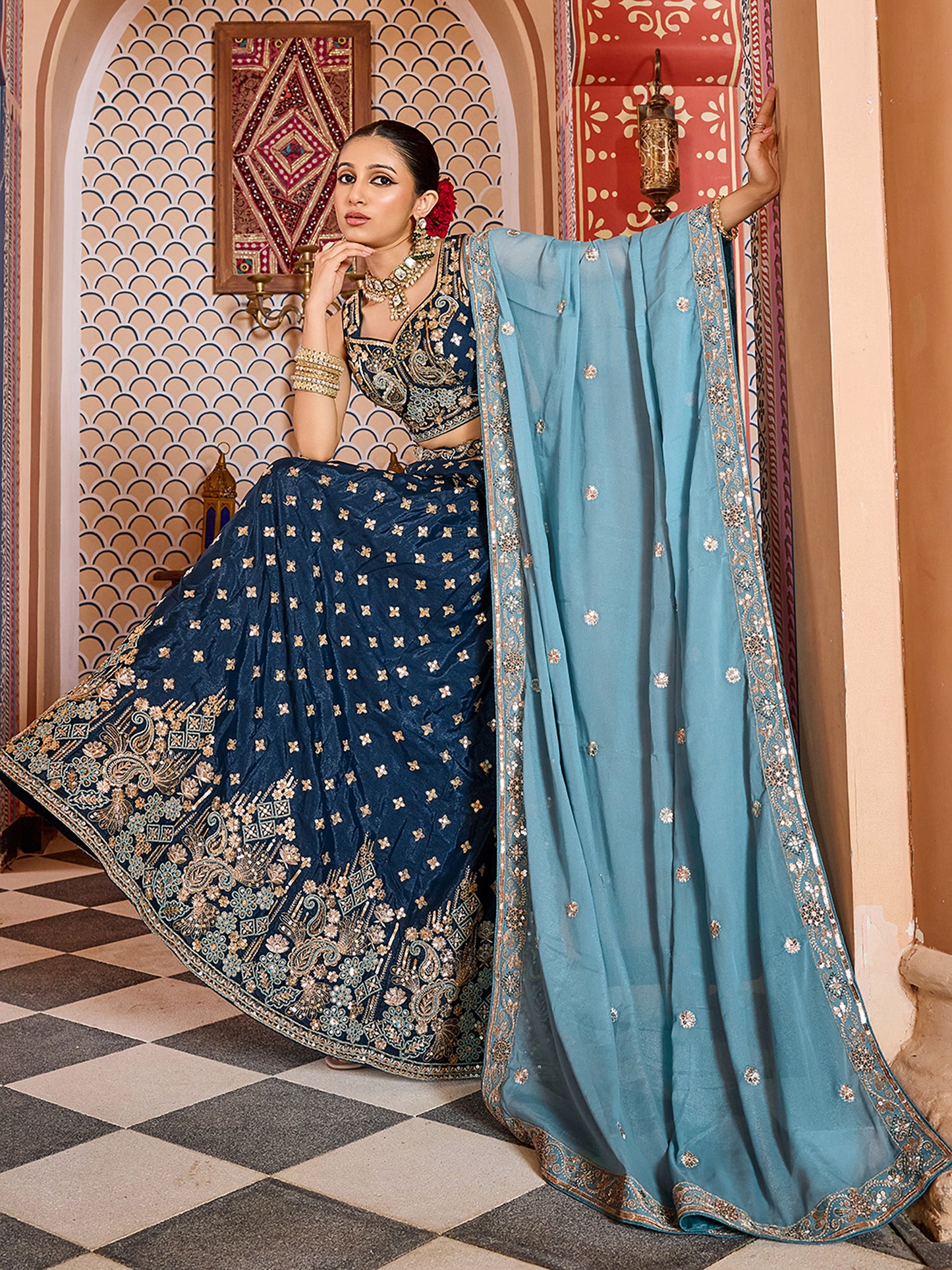 Navy Blue Silk Sequins Embroidery Lehenga Choli for Bridesmaid