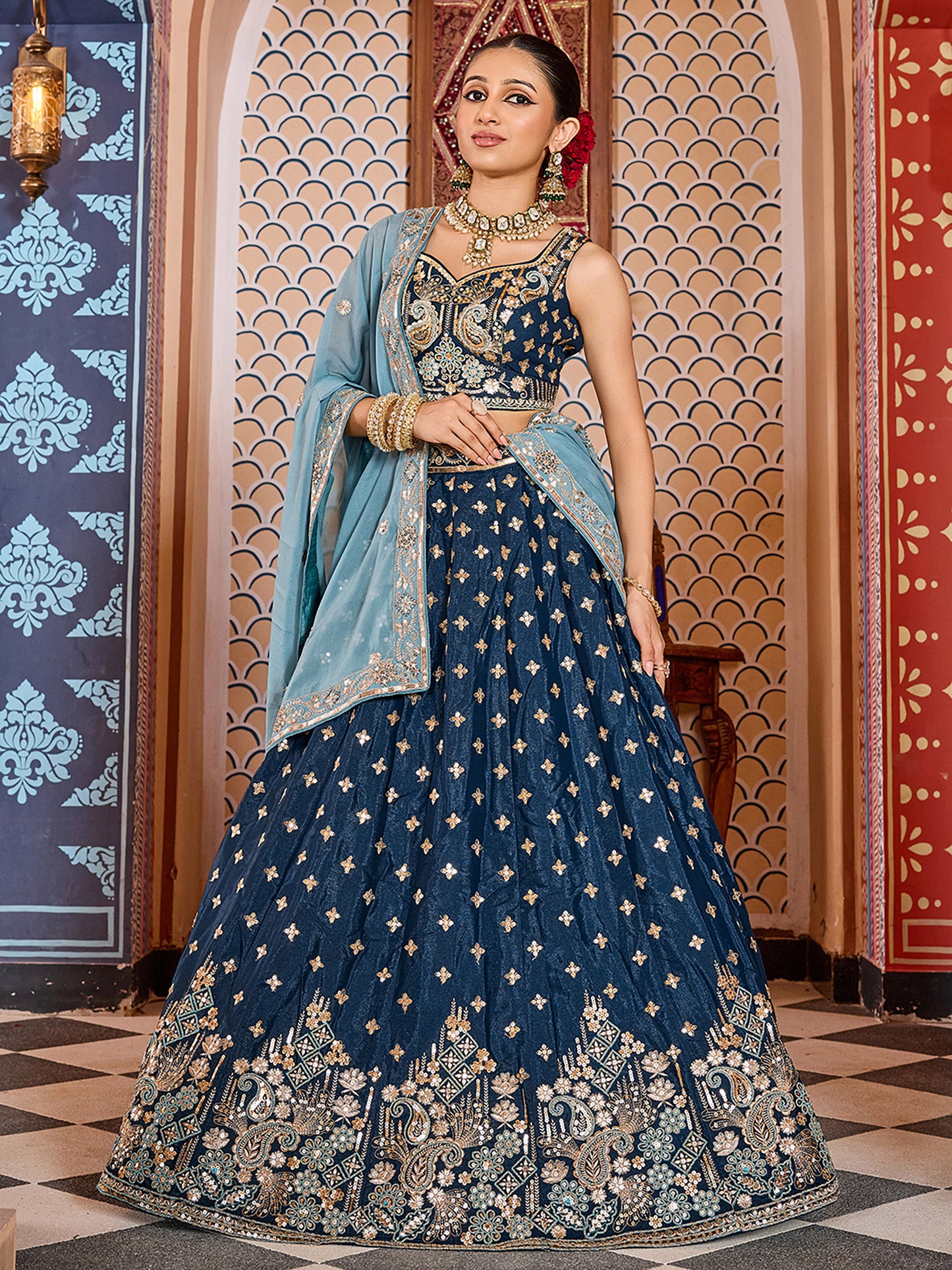 Navy Blue Silk Sequins Embroidery Lehenga Choli for Bridesmaid