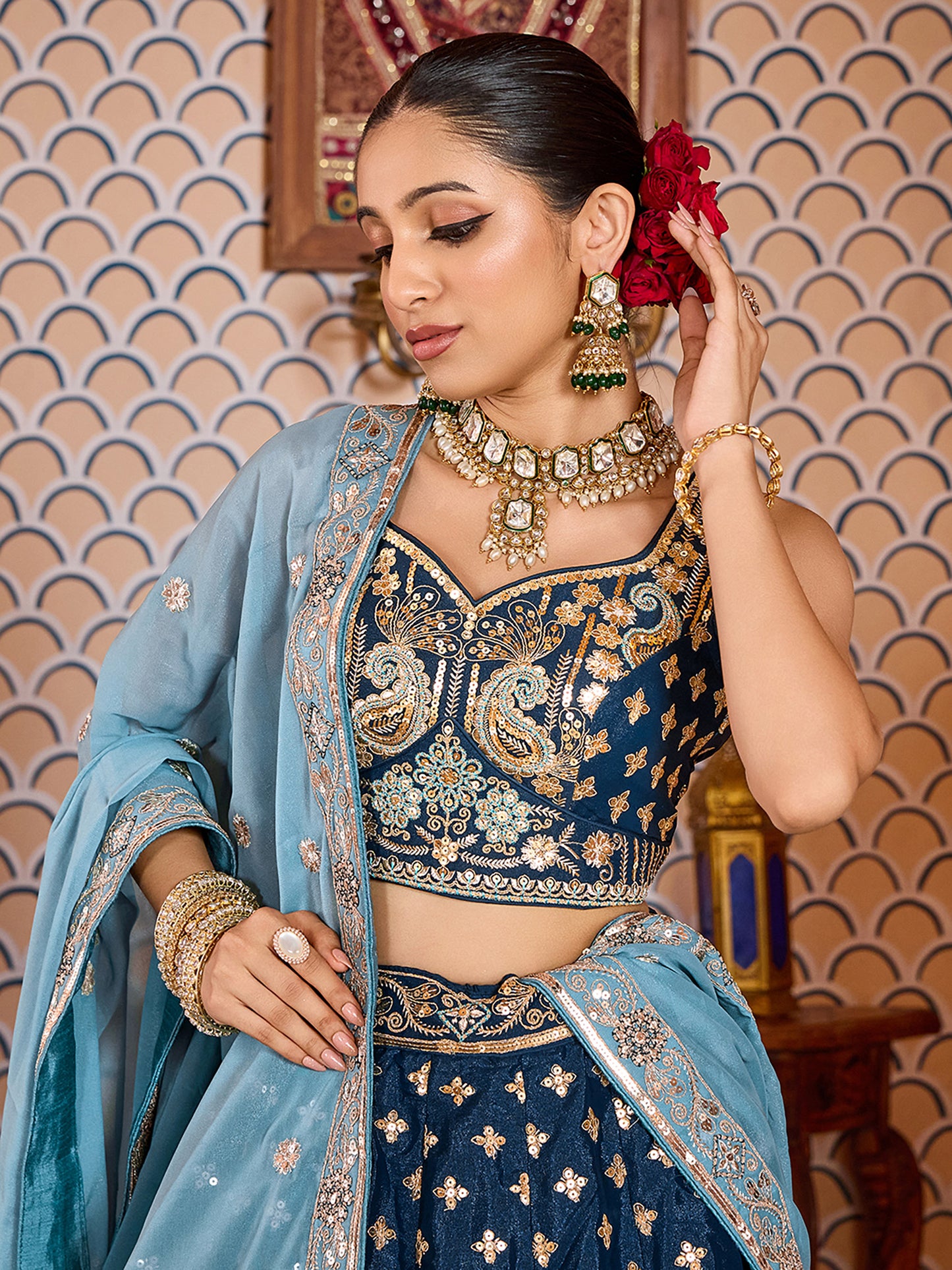 Navy Blue Silk Sequins Embroidery Lehenga Choli for Bridesmaid