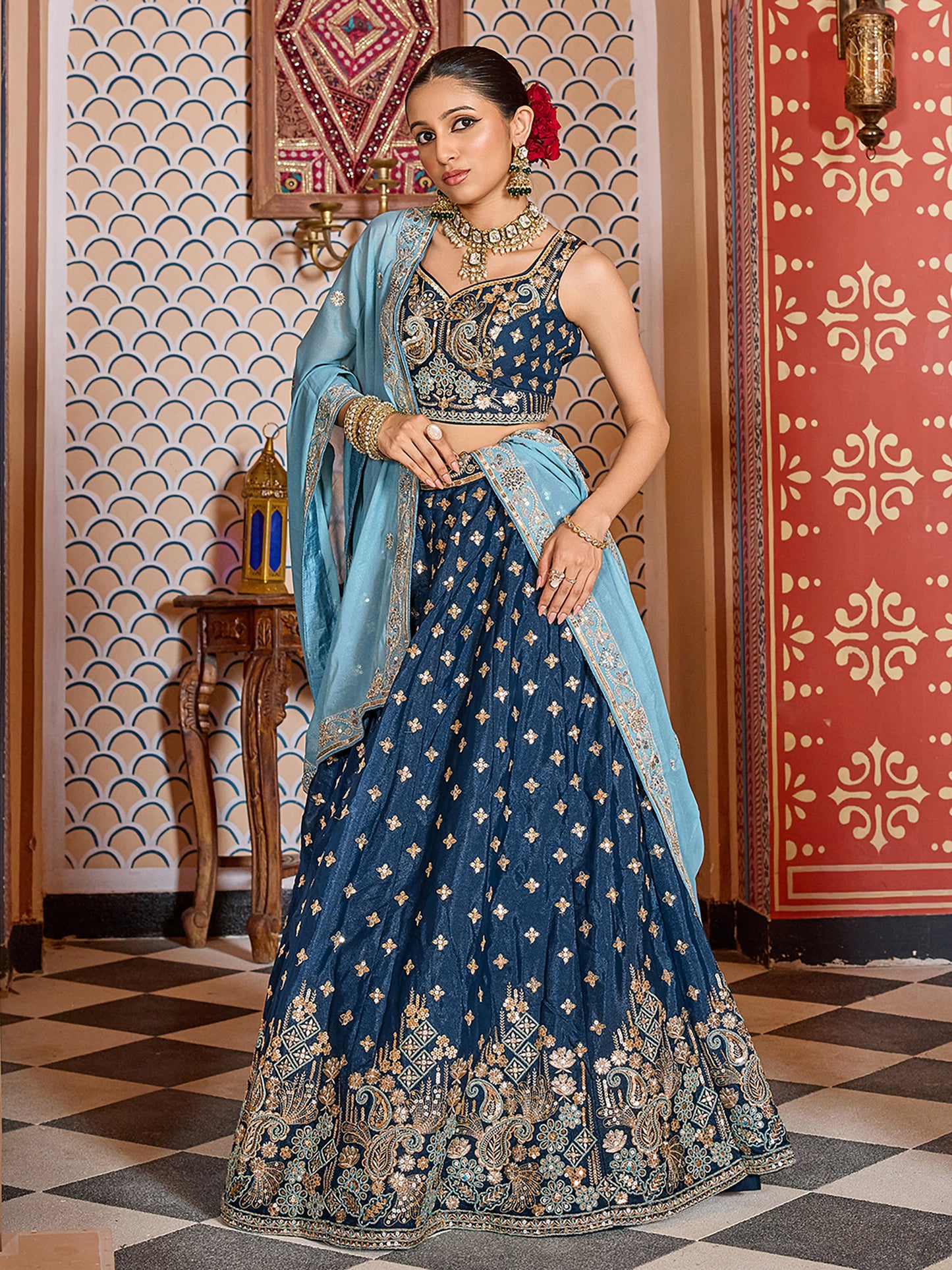 Navy Blue Silk Sequins Embroidery Lehenga Choli for Bridesmaid