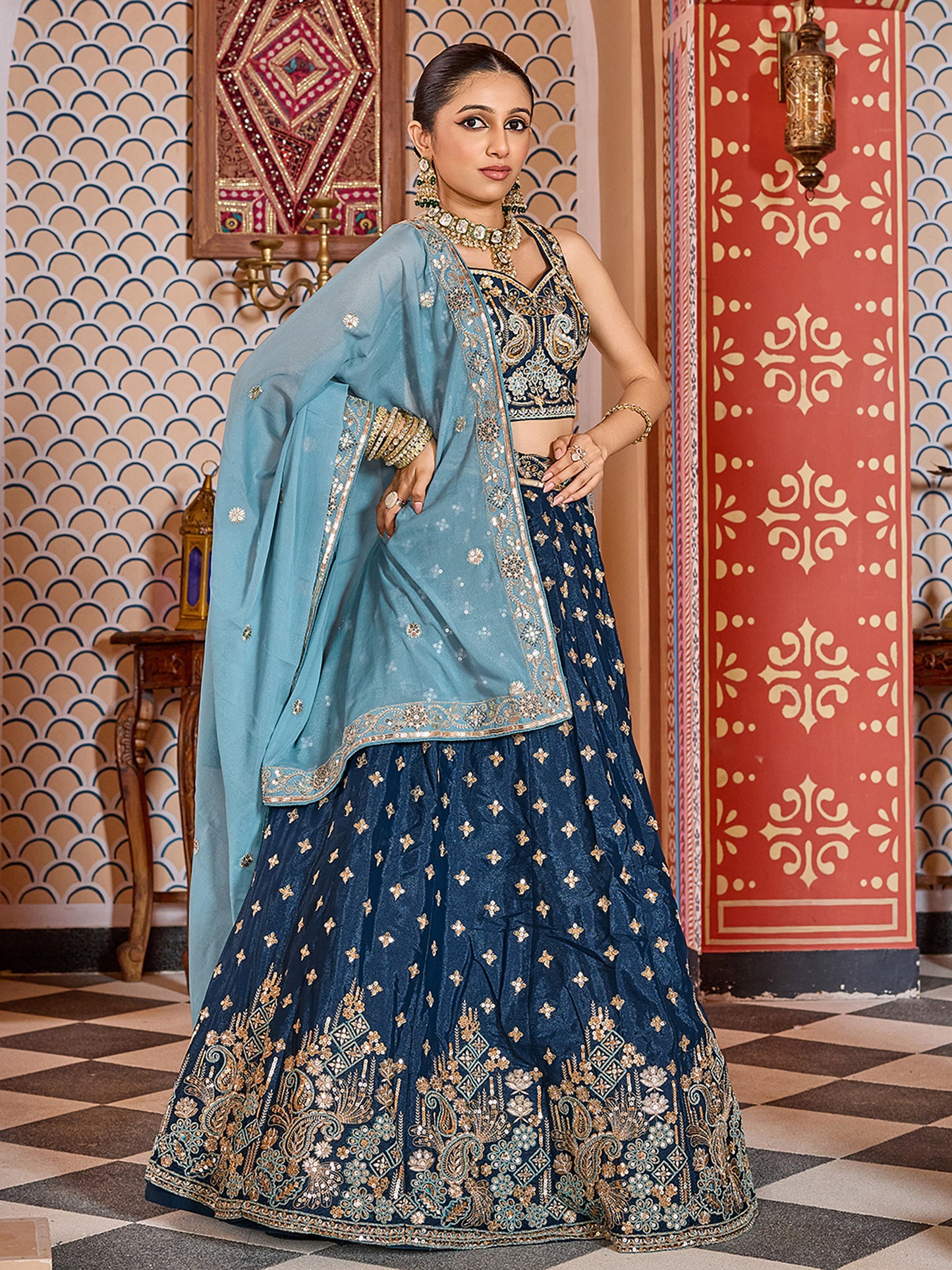 Navy Blue Silk Sequins Embroidery Lehenga Choli for Bridesmaid