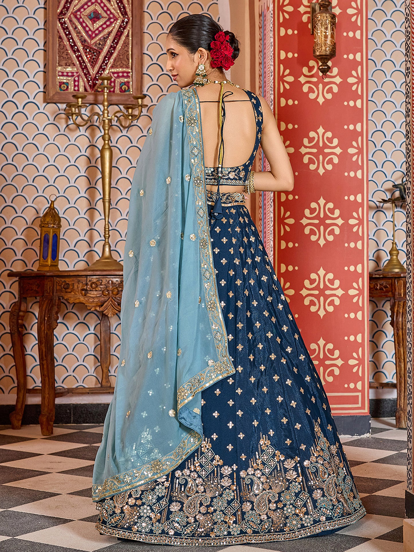 Navy Blue Silk Sequins Embroidery Lehenga Choli for Bridesmaid