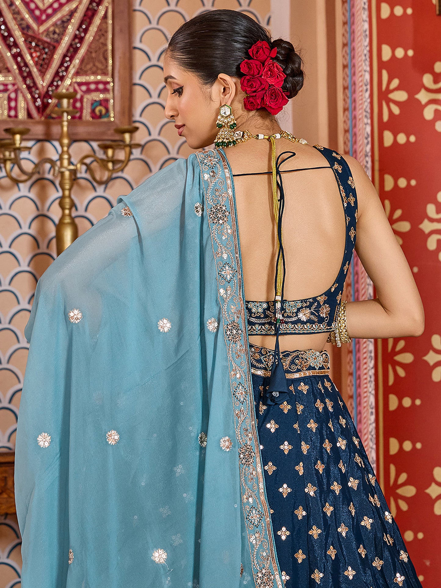 Navy Blue Silk Sequins Embroidery Lehenga Choli for Bridesmaid