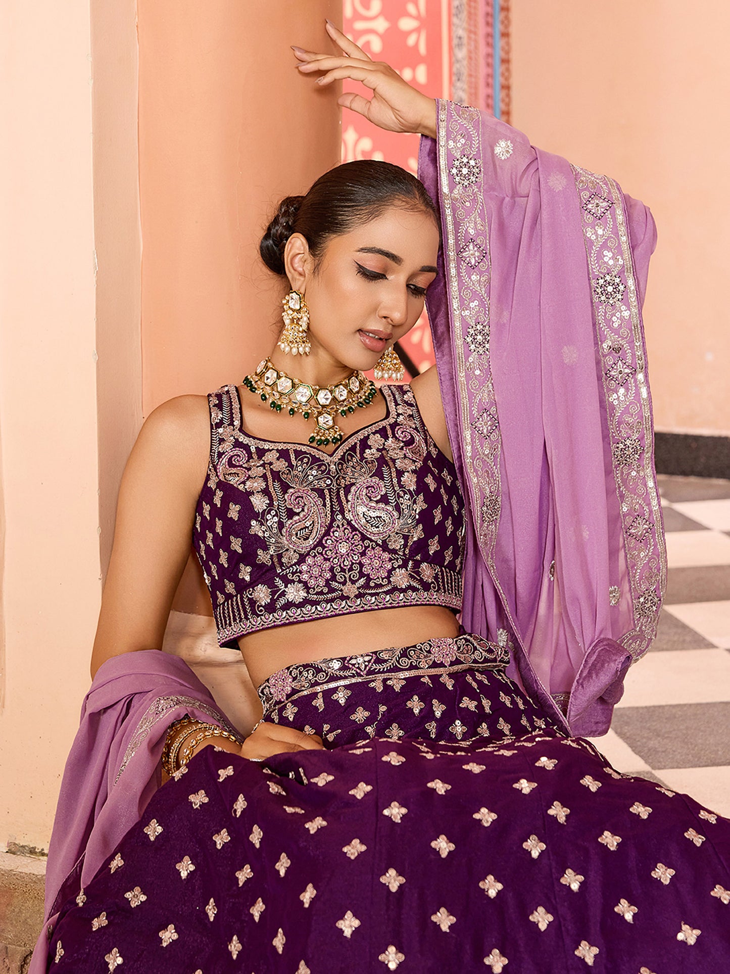 Burgundy Silk Sequins Embroidery Lehenga Choli for Bridesmaid