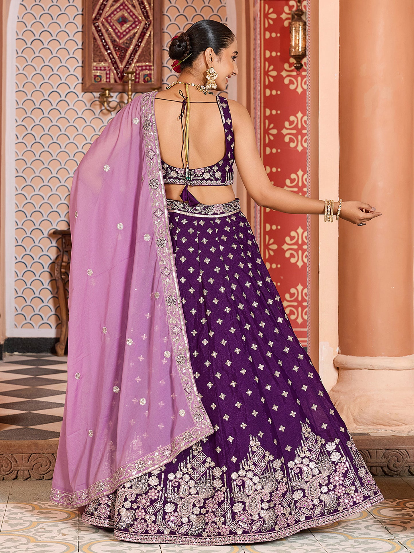 Burgundy Silk Sequins Embroidery Lehenga Choli for Bridesmaid